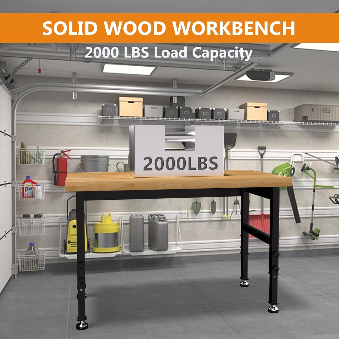 Solid Wood 48" Work Bench, Adjustable Height Workbench, Heavy-Duty Work Table, 2000 LBS Load Capacity Workstation for Garage, Workshop, Office, Home(48" X 24")