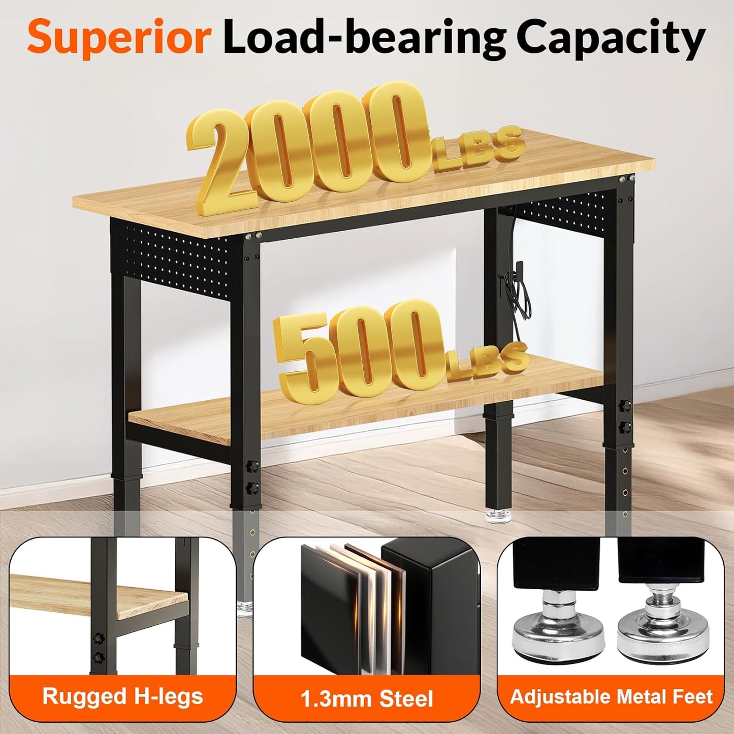 Adjustable Height Work Bench 48×24 Workbench for Garage with Under Table Shelf Heavy Duty Rubber Wood Work Table for Shop Woodworking, Office, Home, Commercial