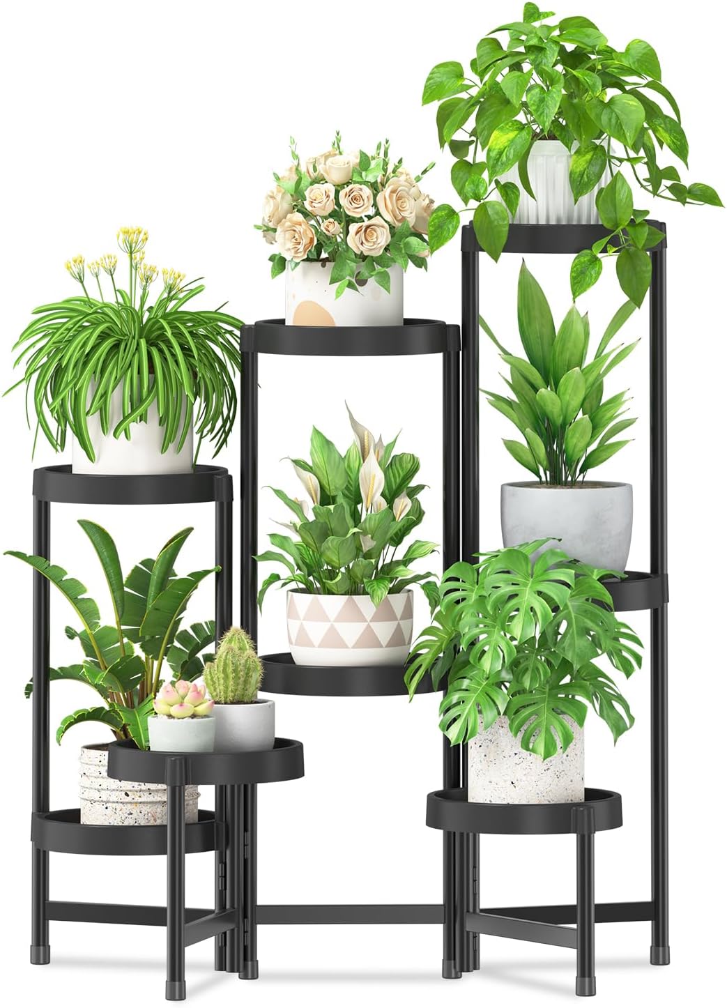 iDavosic.ly 8 Tier Folding Plant Stand Indoor Outdoor with Plastic Tray, Tiered Corner Flower Holder Shelf, Metal Orchid Display Rack for Patio Porch Living Room Garden Balcony, Modern Black