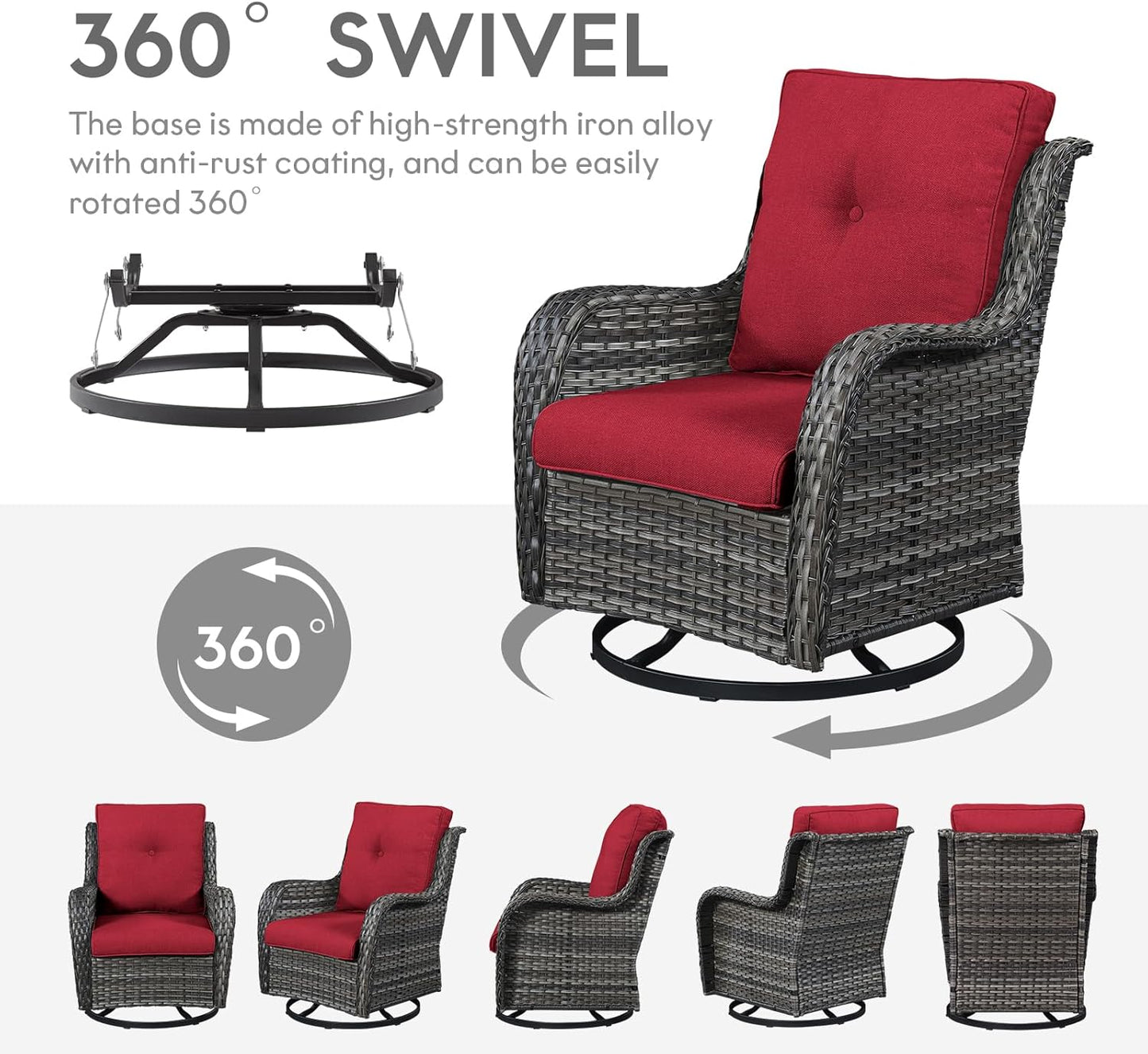 5 Piece Outdoor Patio Furniture Set - Wicker Furniture Patio Conversation Set, Outdoor Swivel Rocker Chairs with Loveseat Sofa and 2 Ottomans for Small Space, Red Cushion