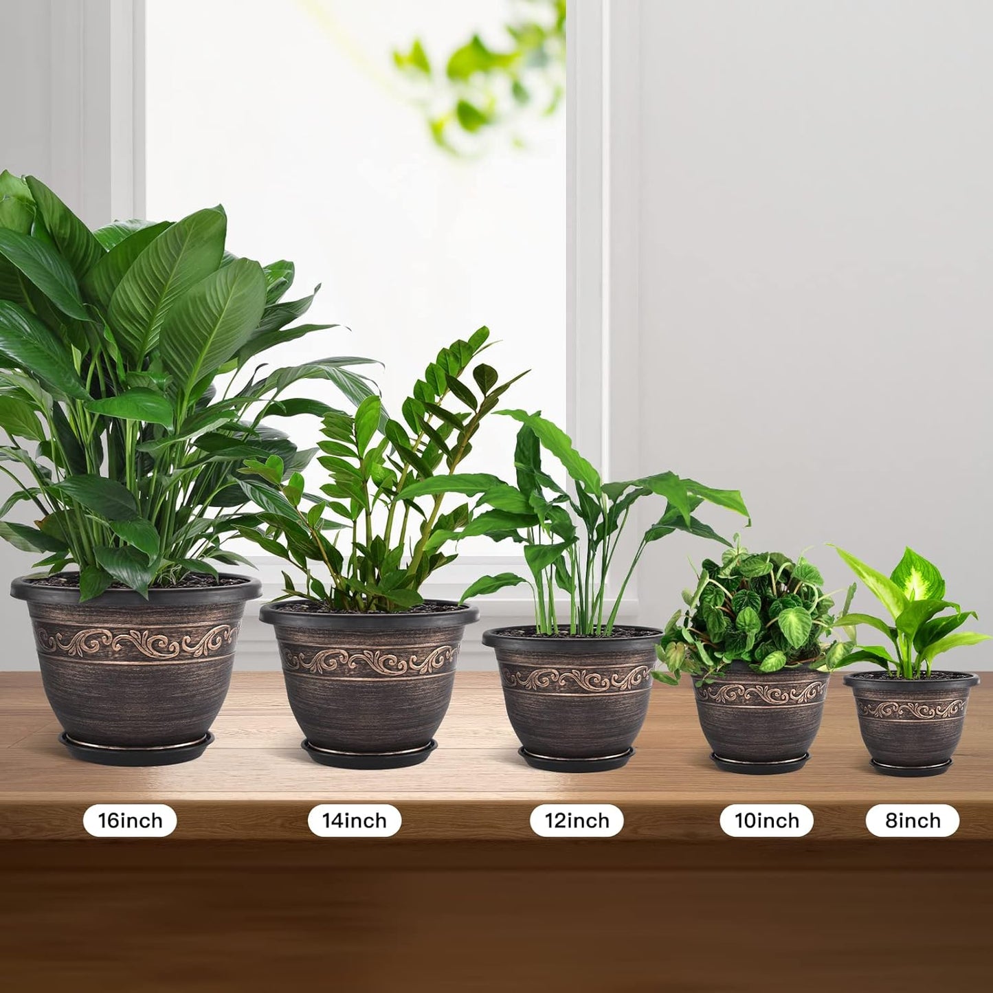 Plastic-Plant-Flower-Planters-14 Inch with Drainage Hole & Saucer, 3 Packs Lightweight Large Resin Flower Pot Indoor Outdoor, Retro Antique Imitation Decorative Garden Containers Sets for Houseplants