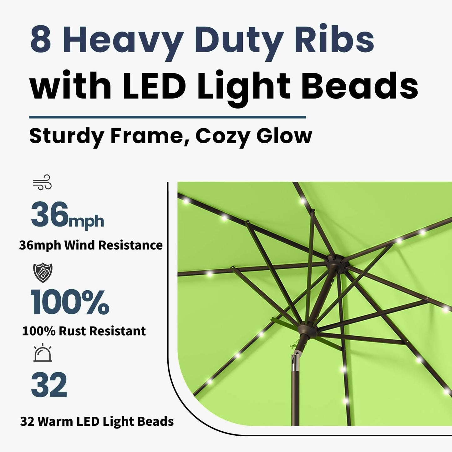 10FT Solar Umbrella 32 LED Lighted Patio Umbrella Table Market Umbrella w/Tilt and Crank, UV-Resistant Outdoor Umbrella for Pool, Garden, Deck, Apple Green