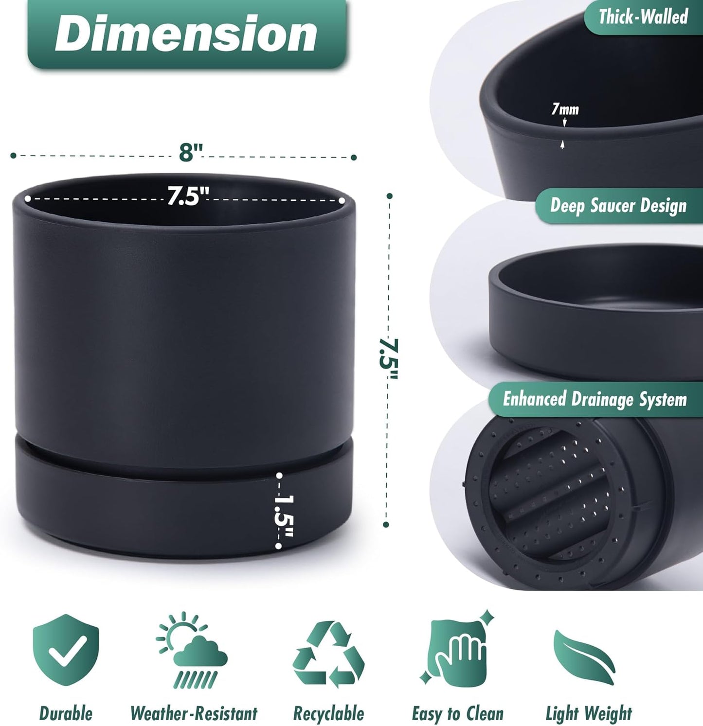 Phoenix Vine 8 Inch Planter Pot with Drainage Hole & Saucer, Deep Water Catch Tray, Straight Cylindrical Round Pot for Plants, Matte Black, Pack of 1, 23-C-T-1