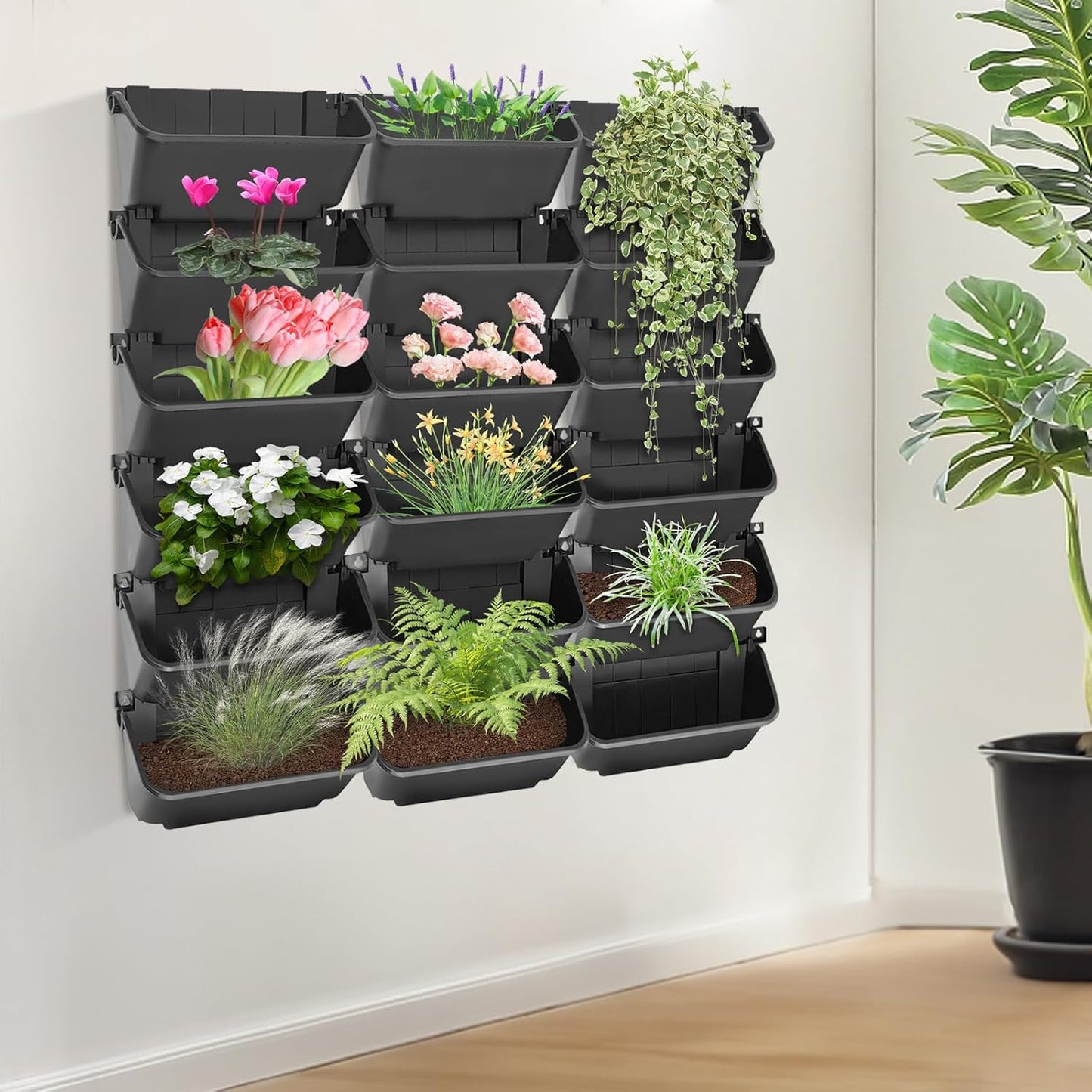 18 Pack Self Watering Wall Mounted Planter, Indoor and Outdoor Vertical Planter Wall Mounted Planter for Patio Outdoor Decor with Drainage Holes, Vertical Garden Planters for Indoor Plants- Black