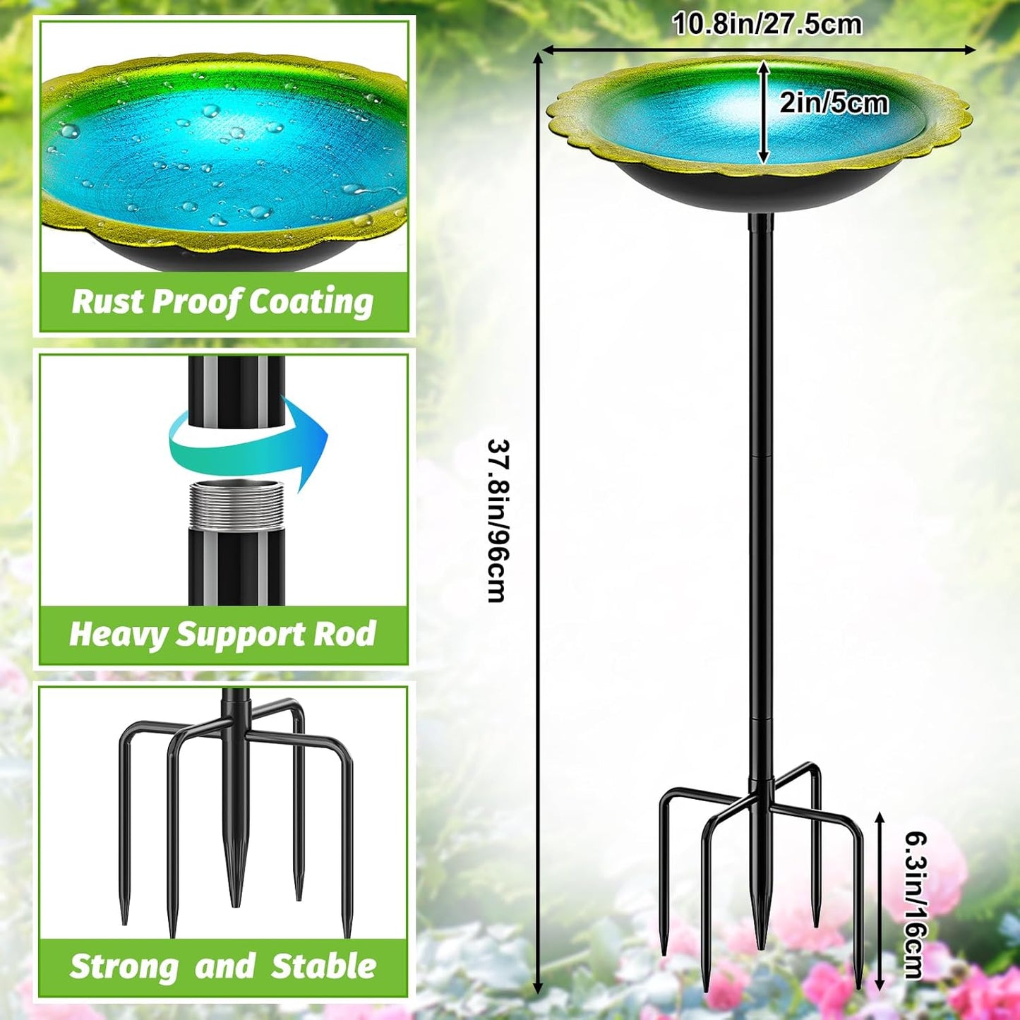 38In Bird Bath for Outside, Metal Birdbath Bowl Decorated Metal with 5 Prong Base Stand Outdoor Bird Baths Bird Feeder Garden Decor Yard Art (Blue-Green)