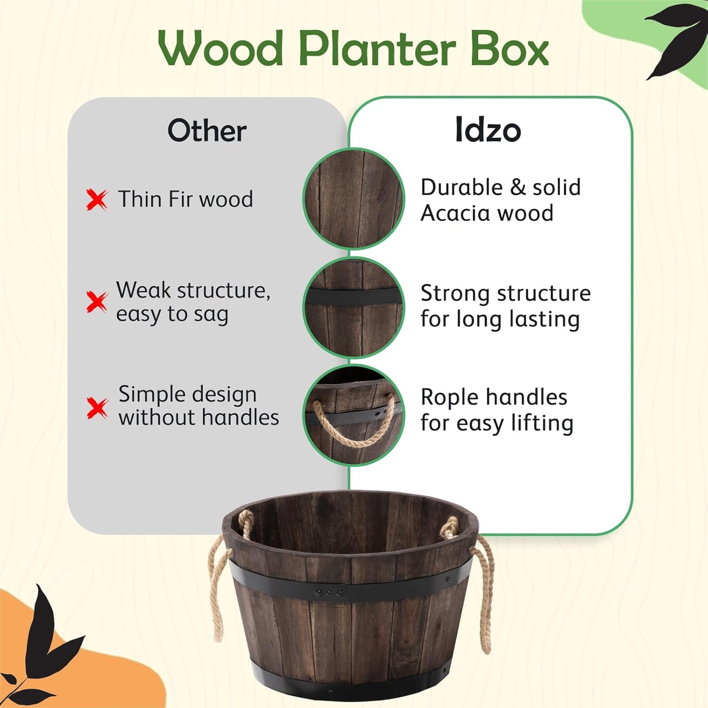 IDZO Set of 3 Wooden Flower Boxes Outdoor, Durable Acacia Wood Barrel Planters for Outdoor Plants with Ergonomic Handles, Drainage Holes, Multiple Sizes Wood Bucket Planter for Home Décor