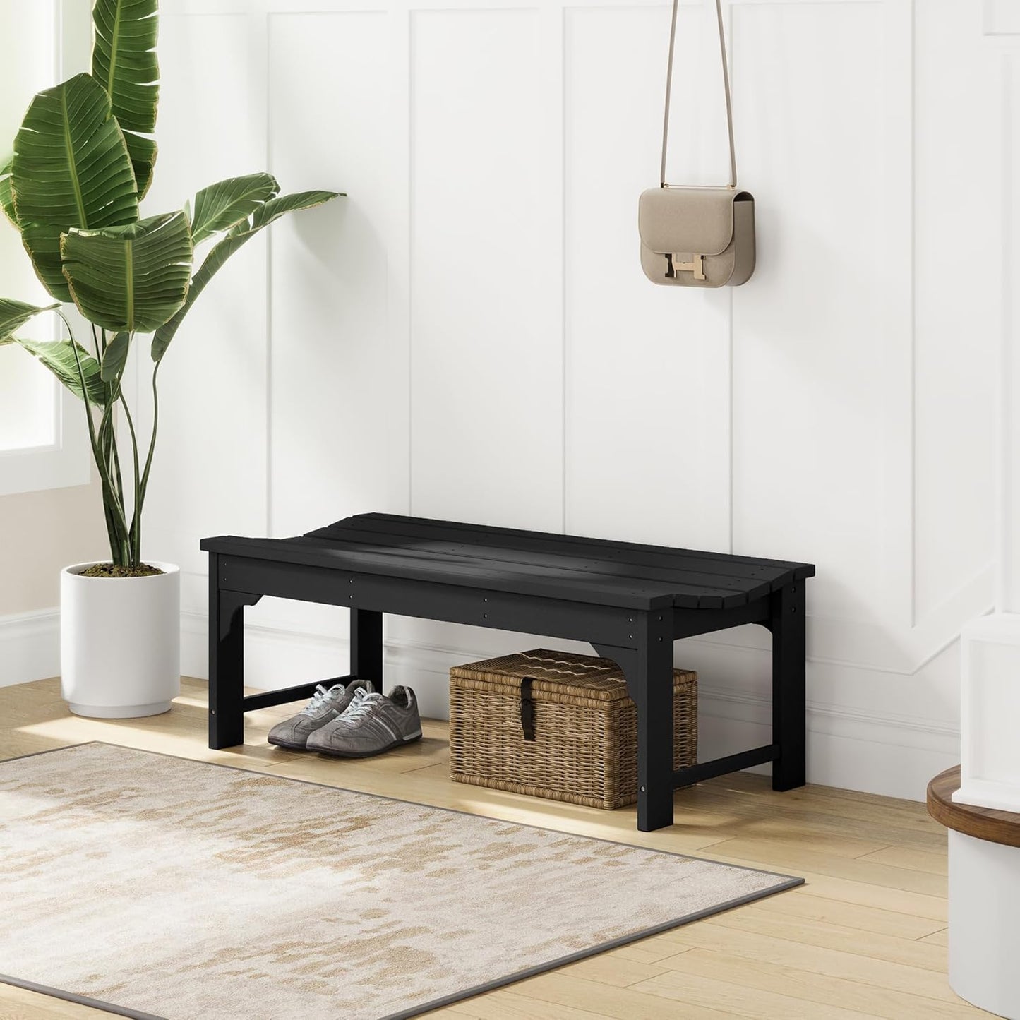 Outdoor Benches Weatherproof, All Weather Resistant Park Bench Poly Lumber Backless Garden Bench Seat for Entryway Front Porch, Black