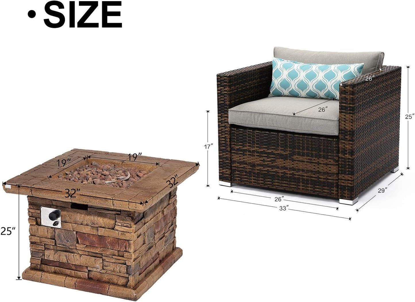 COSIEST 5-Piece Faux Brown Propane Fire Pit Outdoor Furniture Brown Chairs, Warm Gray Wicker Thick Cushion Sofa w 32-inch Square Propane Fire Table (50,000 BTU) for Garden, Pool, Backyard