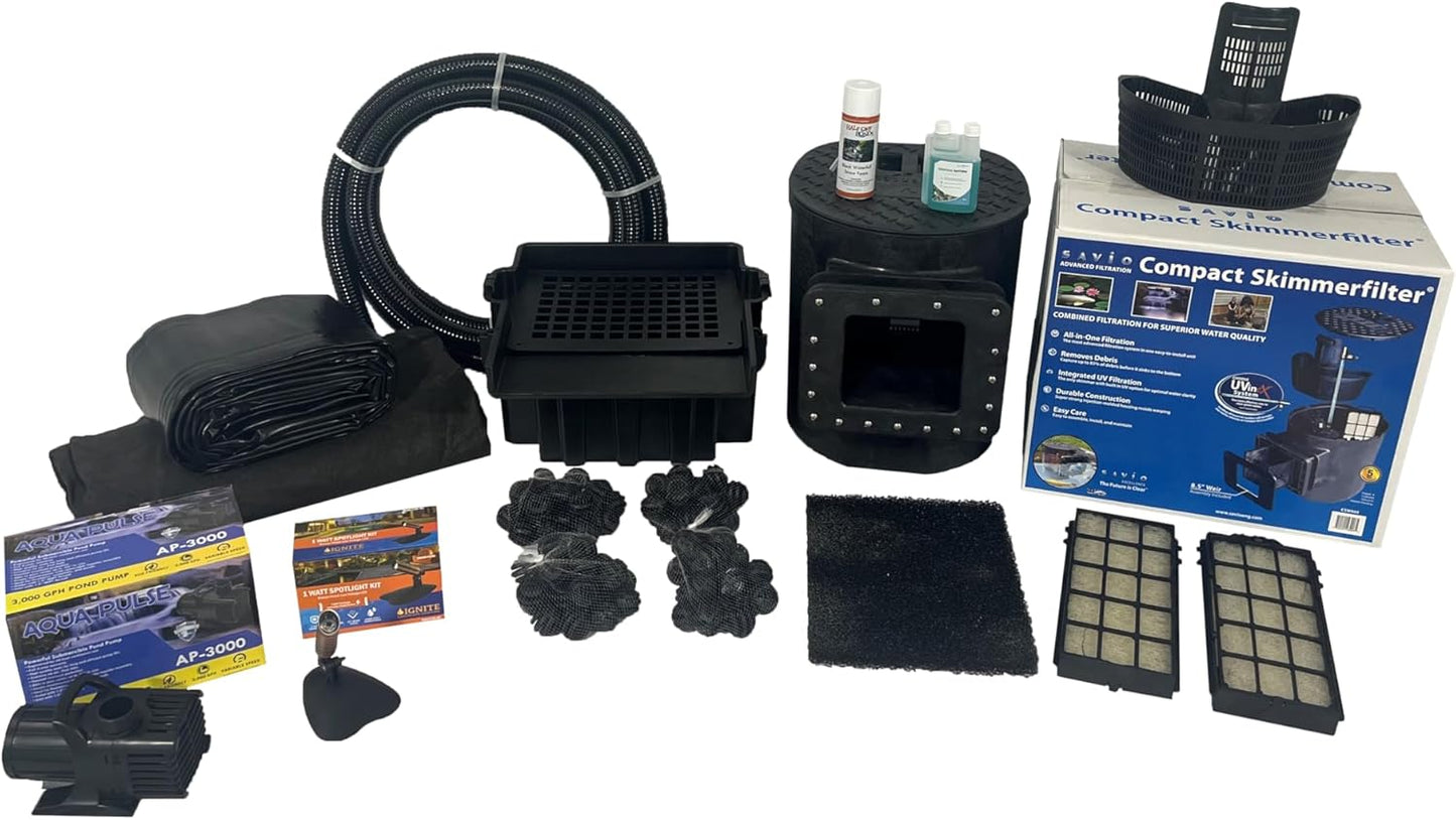 HALF OFF PONDS Savio Select 3,000 GPH Submersible Pump Pond Kit with 15' x 25' PVC Plastic Pond Liner for Water Garden & Koi Pond