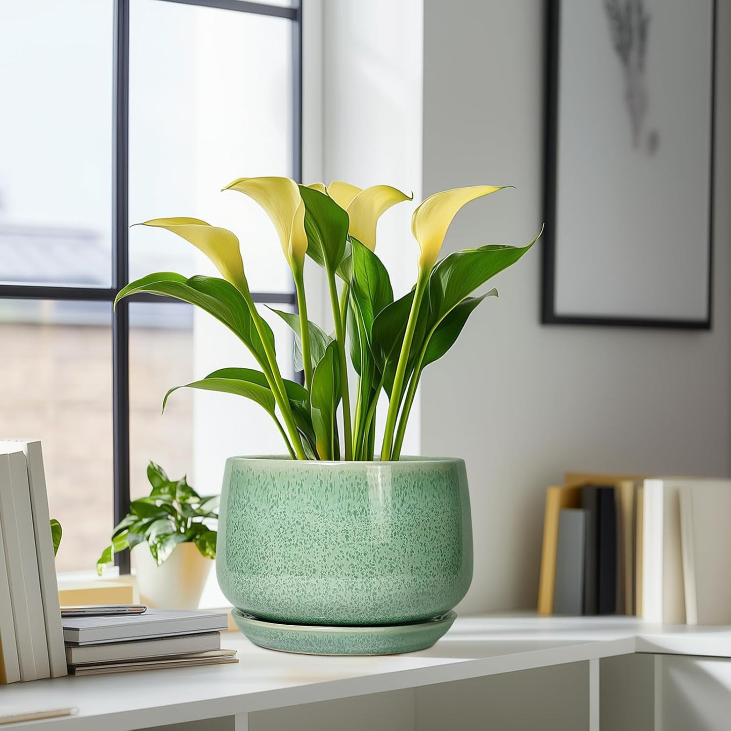 G EPGardening Ceramic Planter - 9 Inch Plant Pot with Drainage Hole and Saucer, Modern Round Planter, Flower Pot for Indoor Outdoor Plants, Garen House Room Decor, Housewarming Gifts, Green