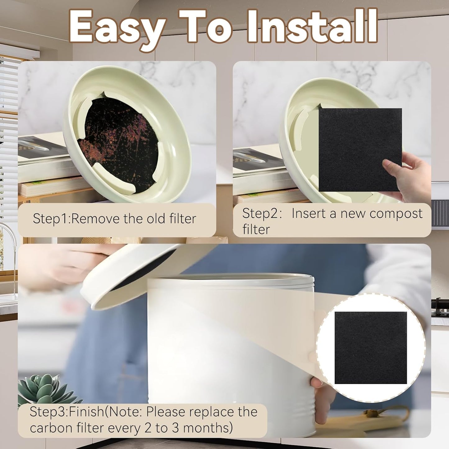 Biaungdo 6 Pack 5 Inch Sqaure Charcoal Filter Replacements, Black Kitchen Compost Bin Filters for Countertop Square Carbon Filter Bin Pail Replacement