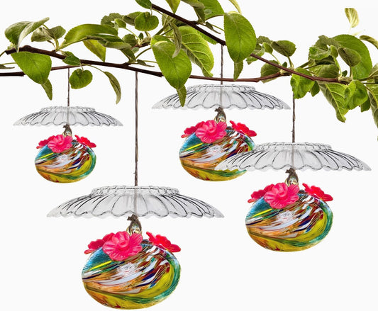 Small Glass Hummingbird Feeders for Outdoors Hanging - 4PC x Multi Color Hand Blown Glass Ball Nectar Feeding + Rain Cover, 3 Flowers Feeding Ports, Decor for Garden/Backyard Outside