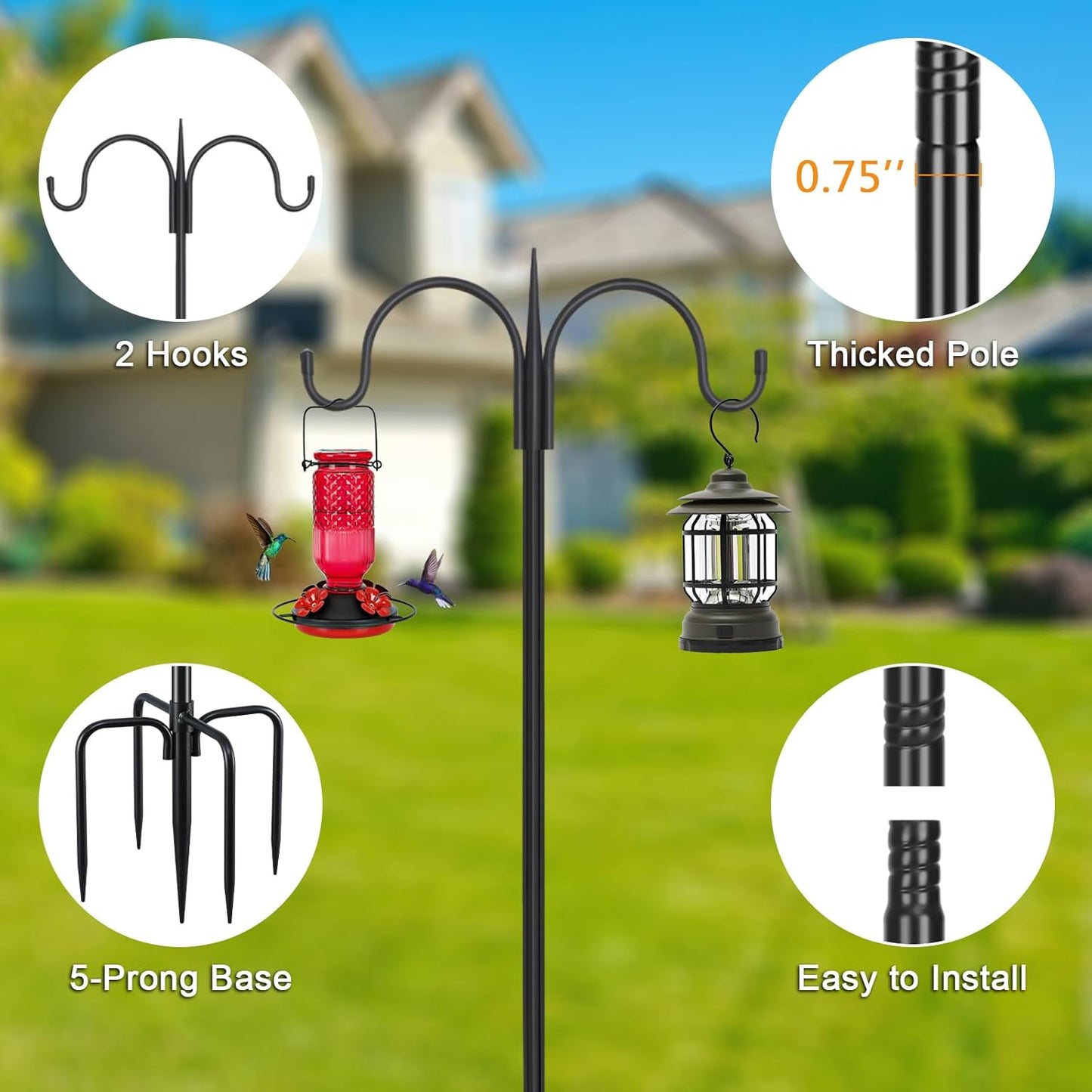 FEED GARDEN Adjustable Double Shepherds Hook for Outdoor with 5 Prong Base 92 Inch Heavy Duty Two Sided Bird Feeder Pole for Hanging Plant Baskets, Solar Light Lanterns, Wind Chimes 2 Pack