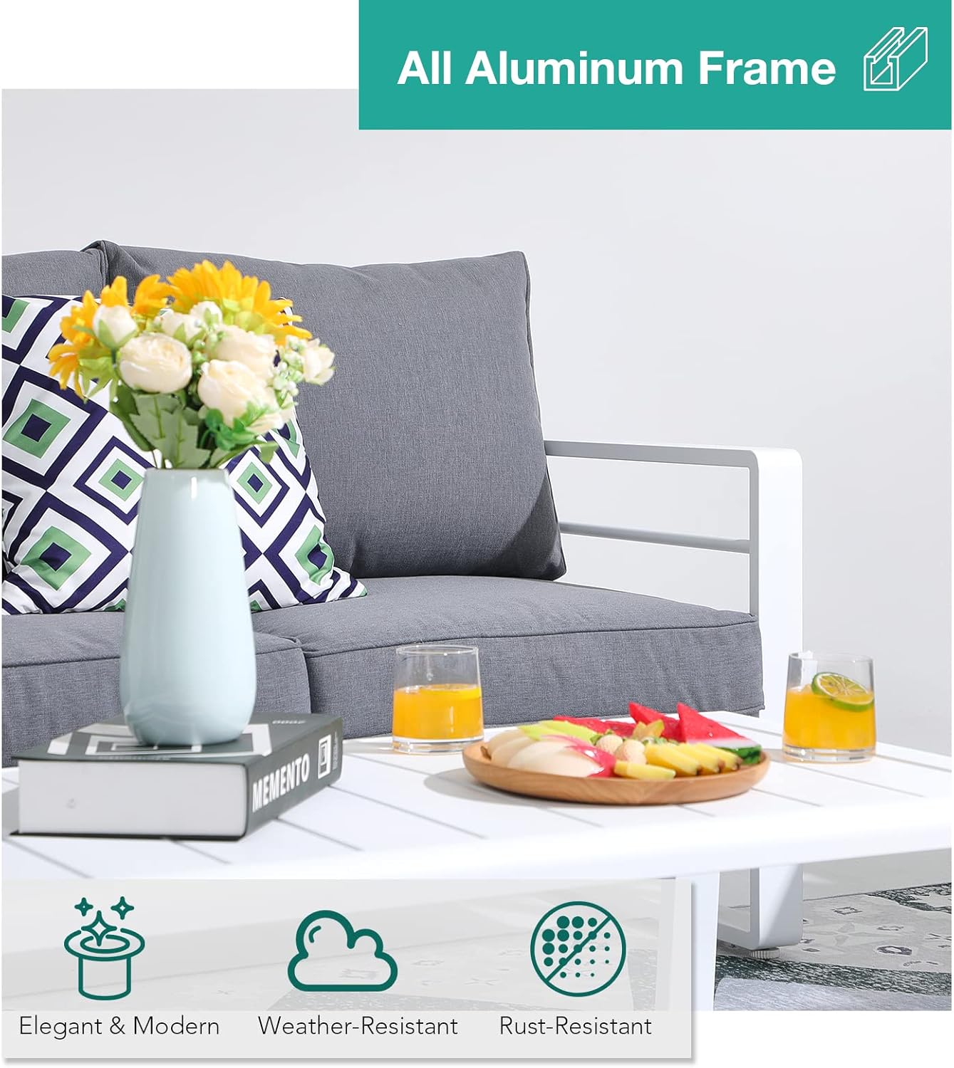 Patiorama Aluminum Patio Furniture Set, Outdoor Patio 3-Seater Sofa, 3 Seats Couch, All Weather White Metal Chair with Olefin Cushion, Deep Seating, 800 lbs Capacity, Deck, Garden-Grey Cushion