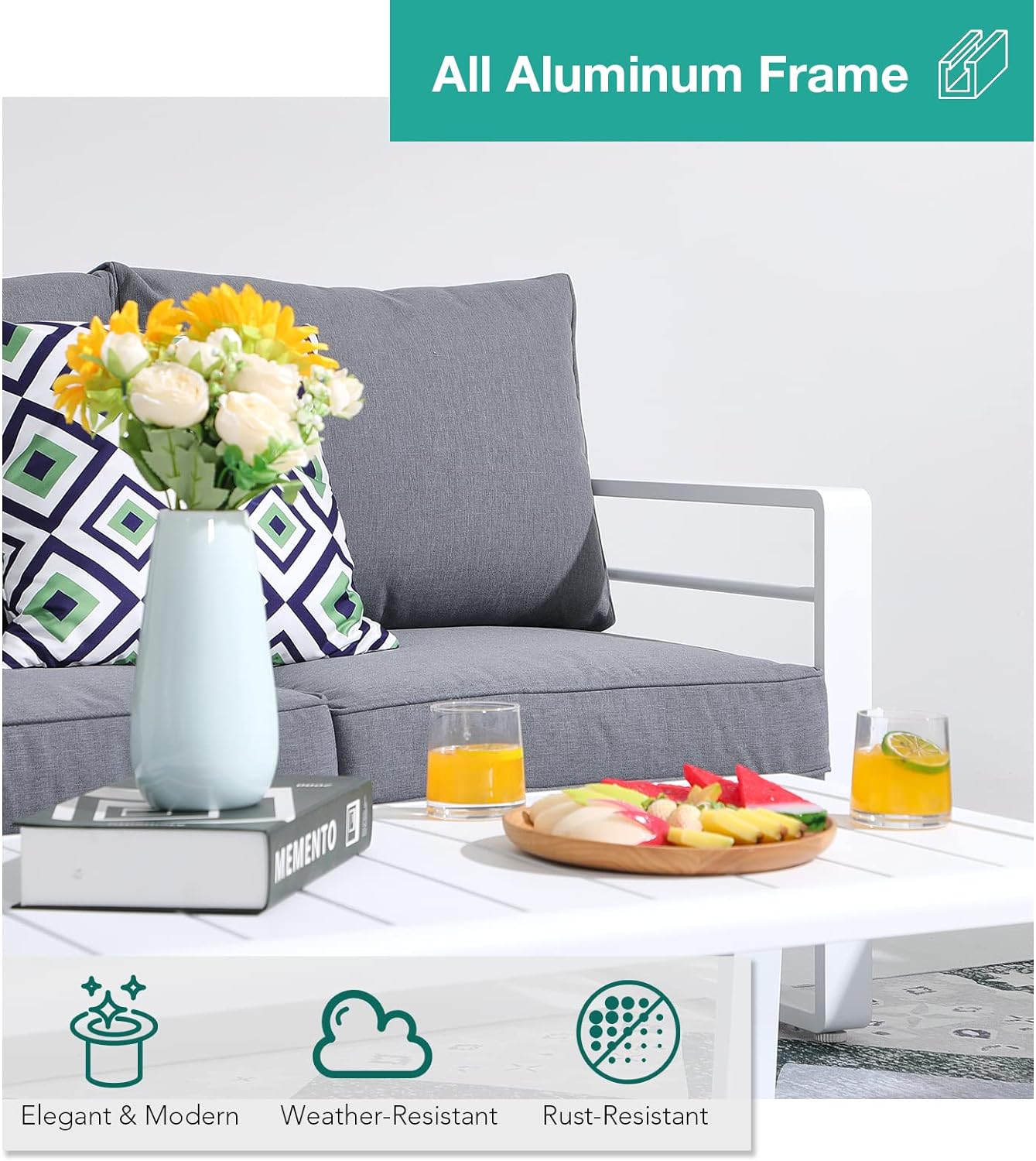 Patiorama Aluminum Patio Furniture Set, 4 PCS Modern Patio Conversation Set, All Weather White Outdoor Sectional Sofa Set w/Coffee Table, Loveseat, Superior Olefin Cushion, Garden-Grey Cushion