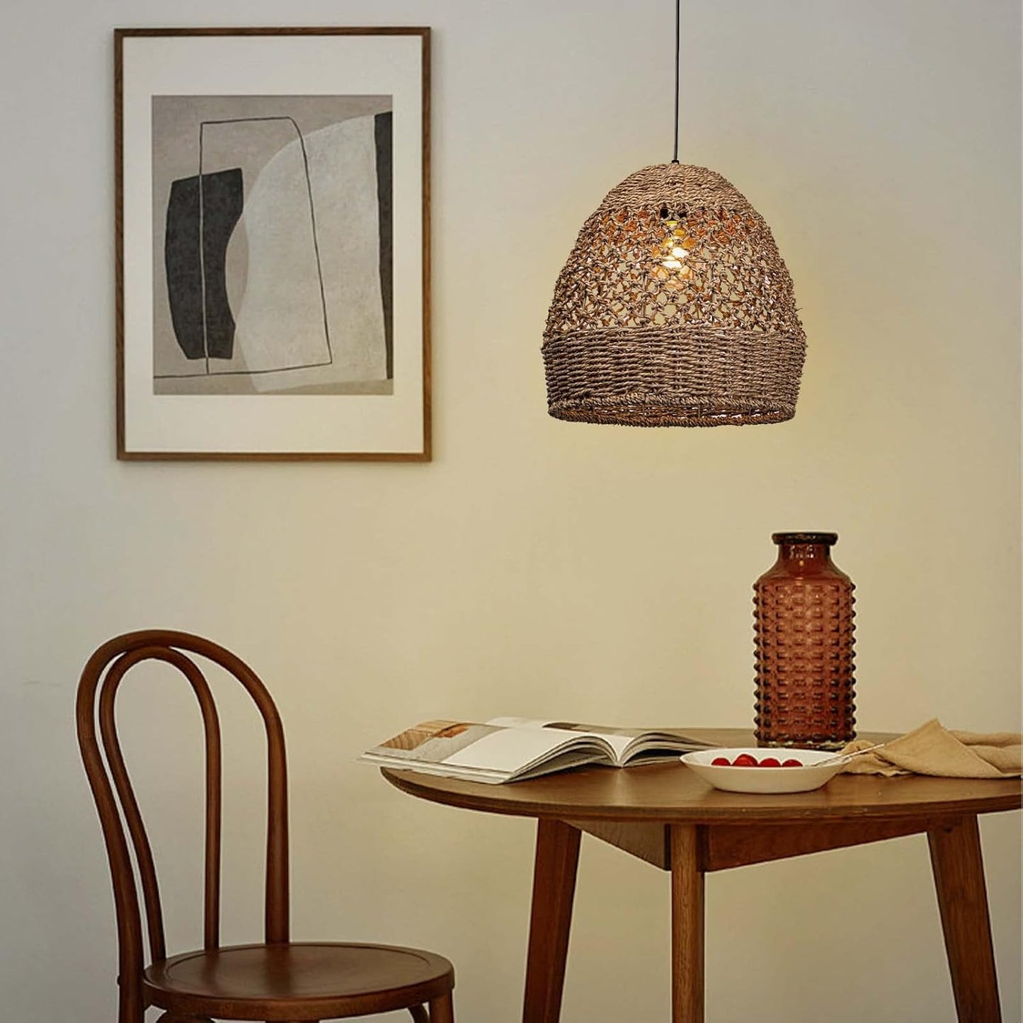 Arturesthome Woven Pendant Light, Modern Boho Hanging Lamp with Handwoven Rattan Shade, Farmhouse Coastal Pendant Light Fixtures for Kitchen Island, Dining Room, Bar, Foyer Hallway D 13.7in