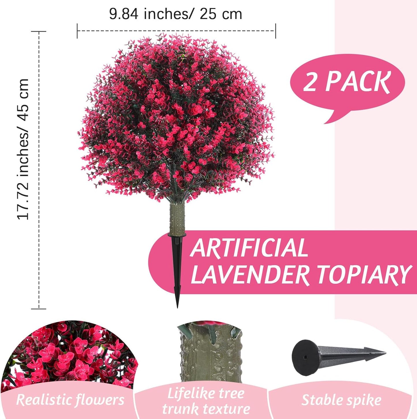 Yunlly 2 Pcs 18 Inch Artificial Boxwood Ball Topiary Tree Fake Outdoor Plants Bush, UV Resistance Faux Shrubs with Spike Realistic Greenery Potted for Indoor Garden Yard Porch Patio Decor (Rose Red)