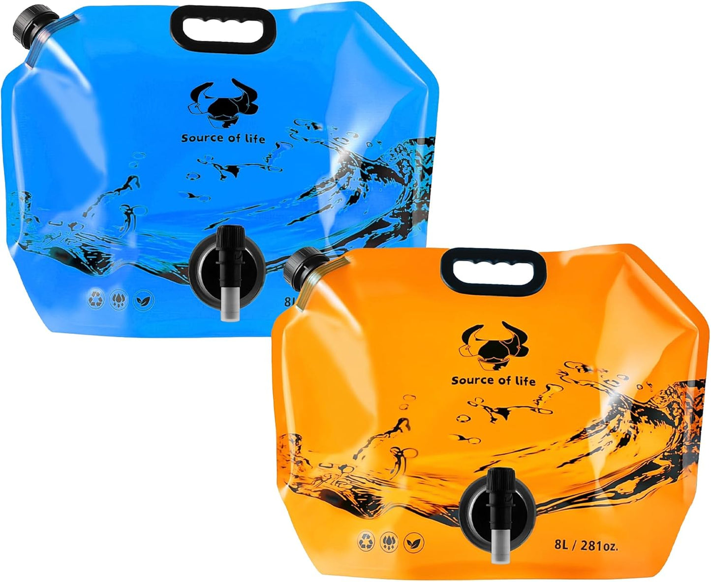 Collapsible 8L Water Storage Bag, BPA-Free Portable Folding Water Jug with Adjustable Faucet, Leakproof Emergency Water Bag for Camping, Hiking, Riding, Outdoor Sport (Blue & Orange 2)