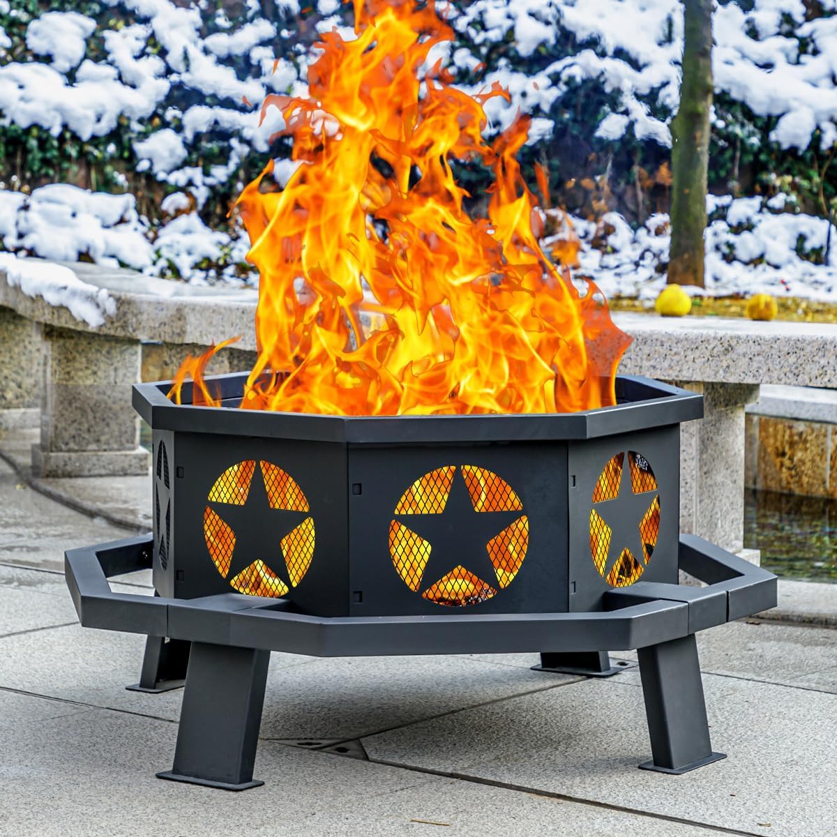 35 inch Fire Pit for Outside, Heavy Duty Wood Burning Fire Pits with Fire Poker, Outdoor Octagonal Firepit for Camping, Yard, Patio