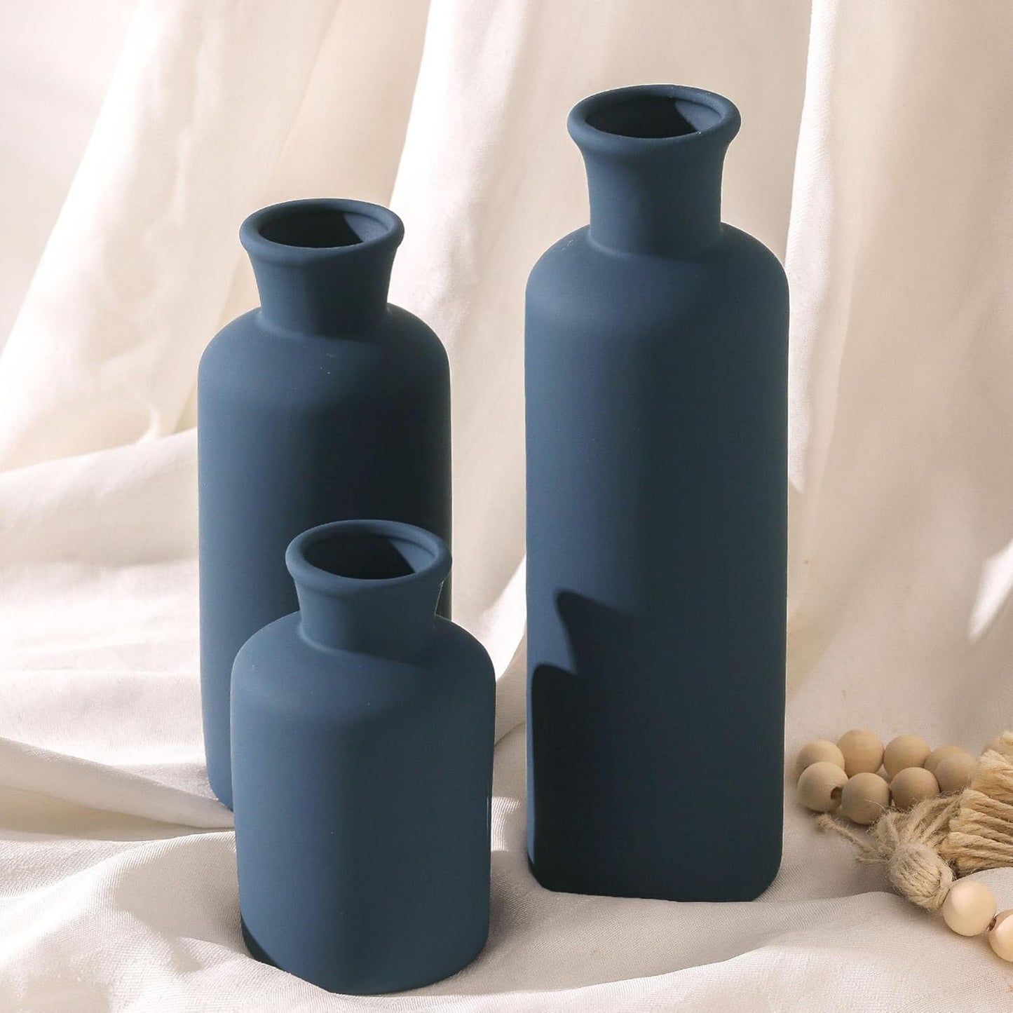 Ceramic Vase Set of 3, Neutral Modern Vases Home Decor Boho Vase Farmhouse Decor Flowers Pampas Vases for Table Mantel Entryway Shelf Living Room Kitchen Bathroom - Navy Blue