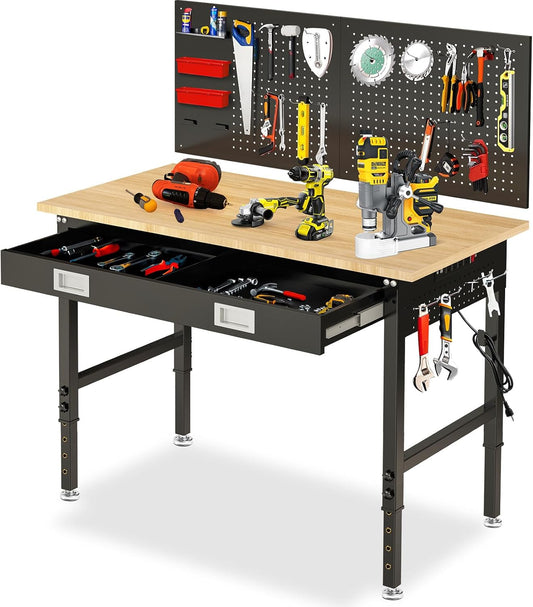 48" Workbench for Garage with Drawers Rubberwood Tabletop Work Table with Pegboard, Power Outlets Adjustable Height Work Bench for Office, Woodworking Shop, Home
