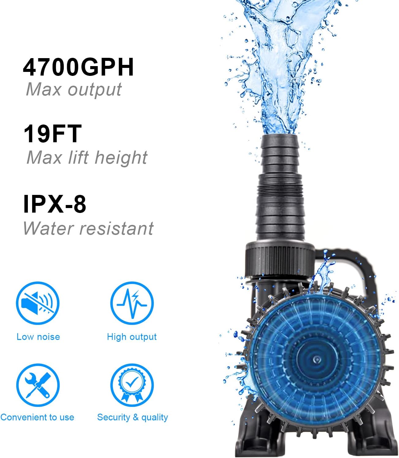 OYO WATER Outdoor Large 4700gph-250W 32.8FT Pond Water-fall & Kio Fish Fountain-s &Garden Pump Submersible IPX8: Long 32.8FT Cord Smart-er & Quieter Duck & Yard& Patio Ponds Pumps, 1 Barrier Pump Bag