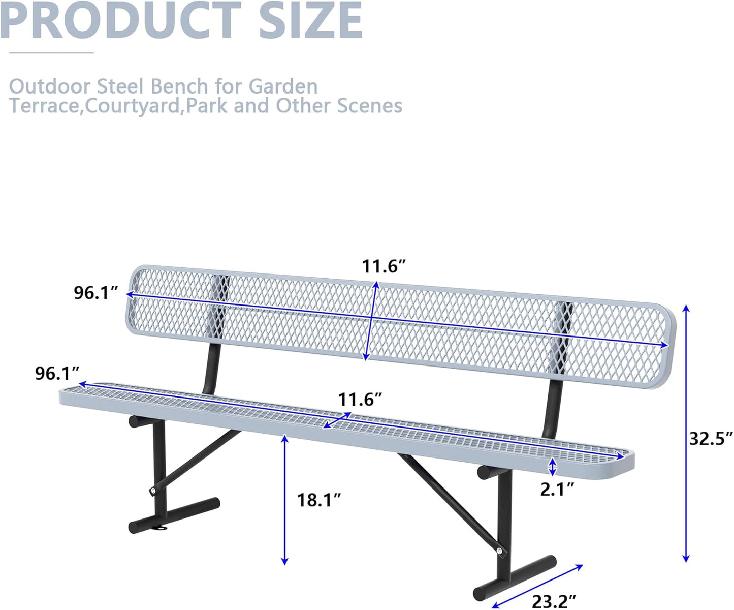 8FT Benches for Outside, Heavy-Duty Outdoor Garden Bench W/Back, Metal Park Bench for Sitting Area, Commercial Bench for Patio Porch Backyard School Sports Church Locker Room Shopping Centers