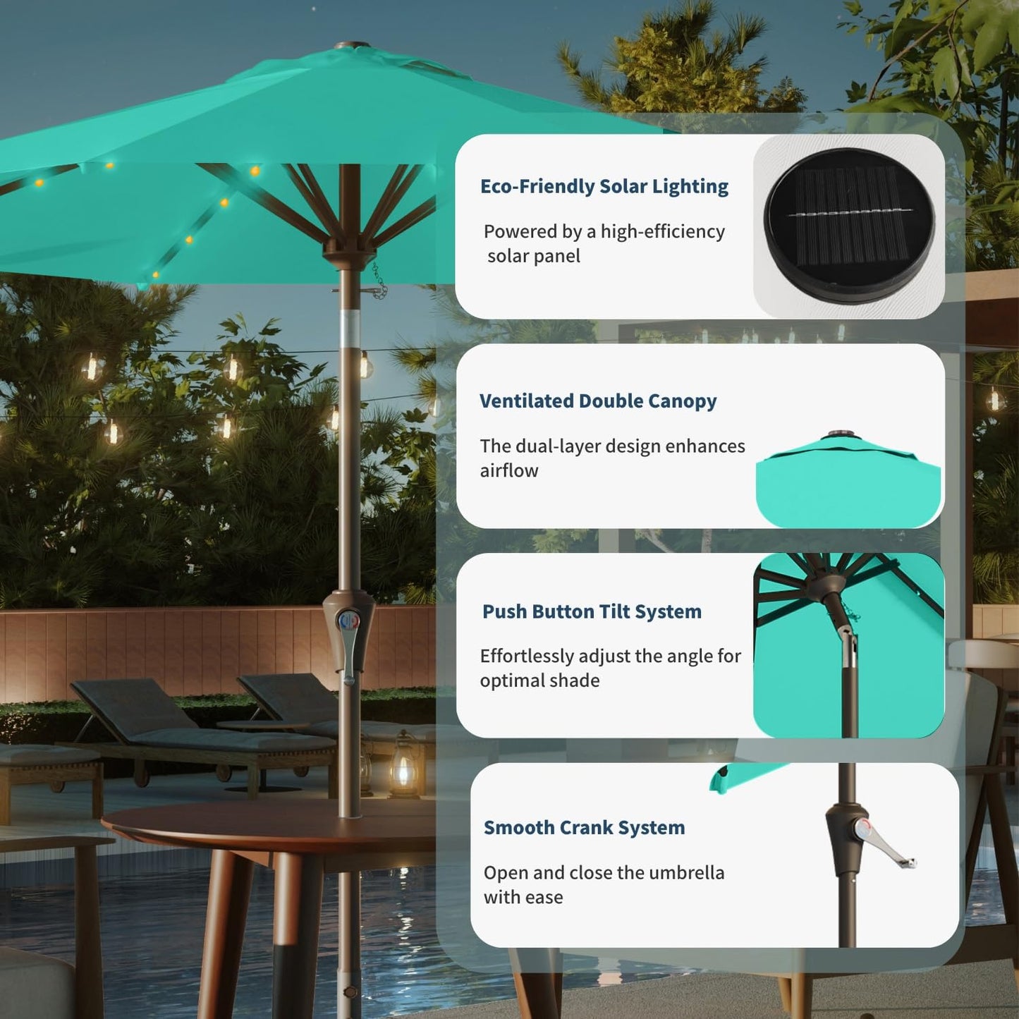 9FT Solar Umbrella 32 LED Lighted Patio Umbrella Table Market Umbrella w/Tilt and Crank, UV-Resistant Outdoor Umbrella for Pool, Garden, Deck, Turquoise Blue