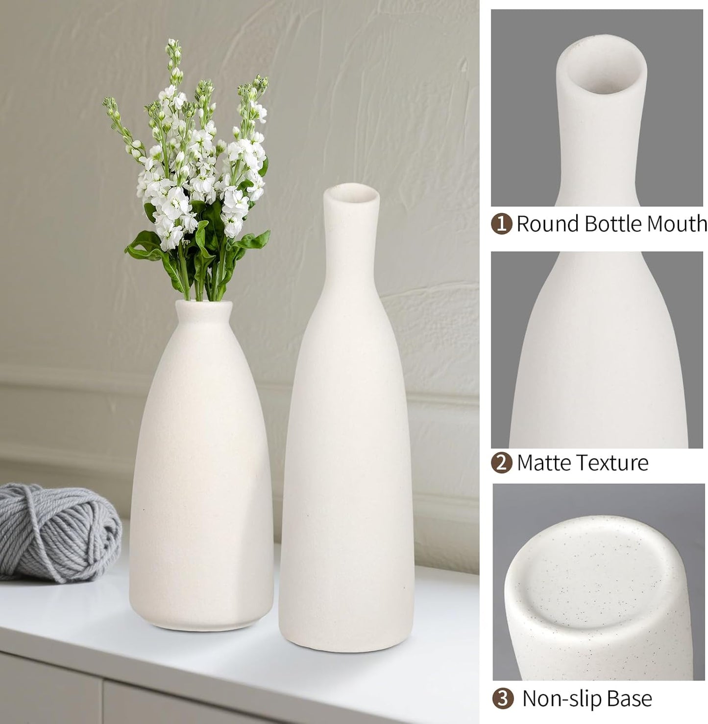 Ceramic Vase Set of 3, Small Flower Vase for Home Decor, Decorative Vases for Pampas Grass & Dried Flowers, Living Room, Bedroom, Bathroom, Shelf Centerpiece Table Decorations