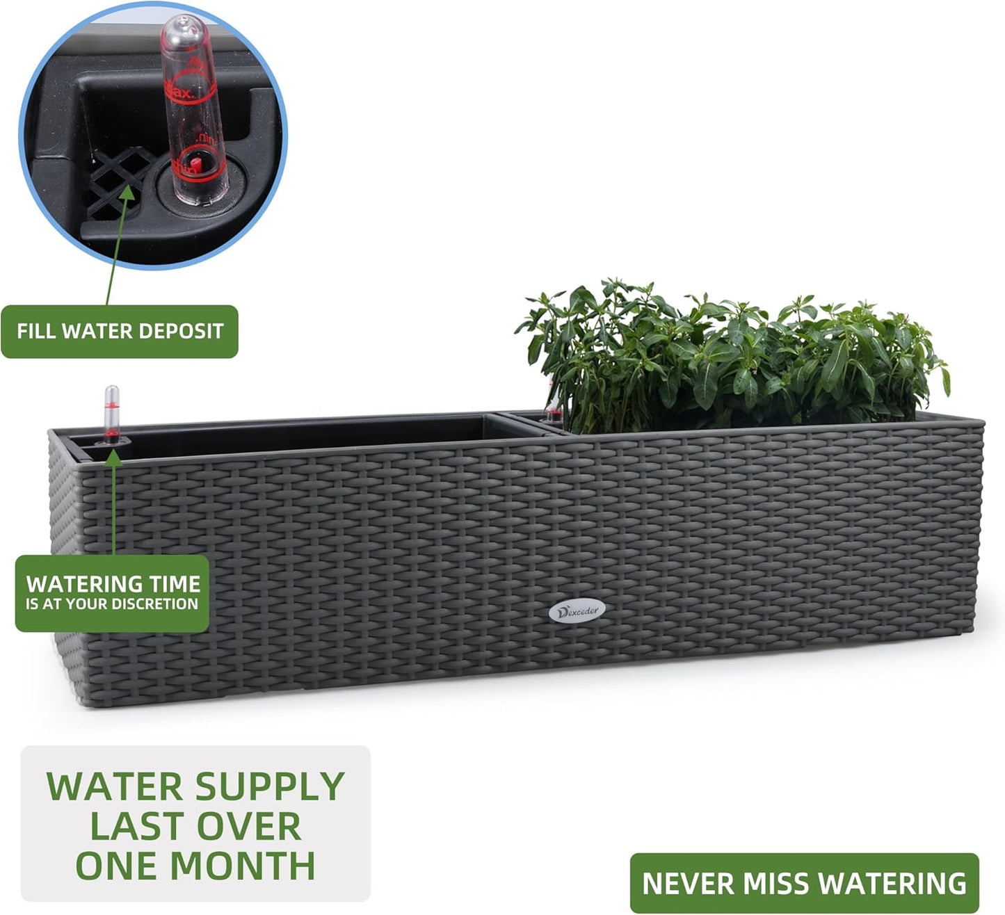 Dexceder 31.5 Inch Rattan Self Watering Planter Indoor Outdoor, Thickened Large Rail Flower Plant Pot Window Box with Water Level Indicators (Deep Gray)