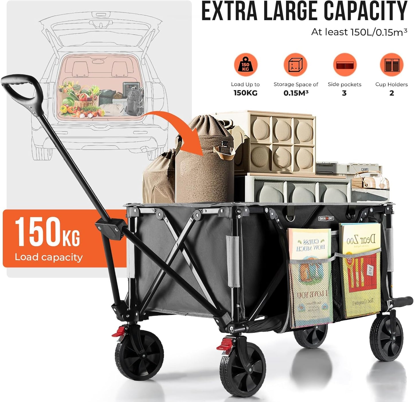 Overmont 150L Wagons Carts Foldable - Large Capacity Folding Collapsible Wagon Cart for Grocery Camping Utility Gardening Sports Travelling- 330lbs Load