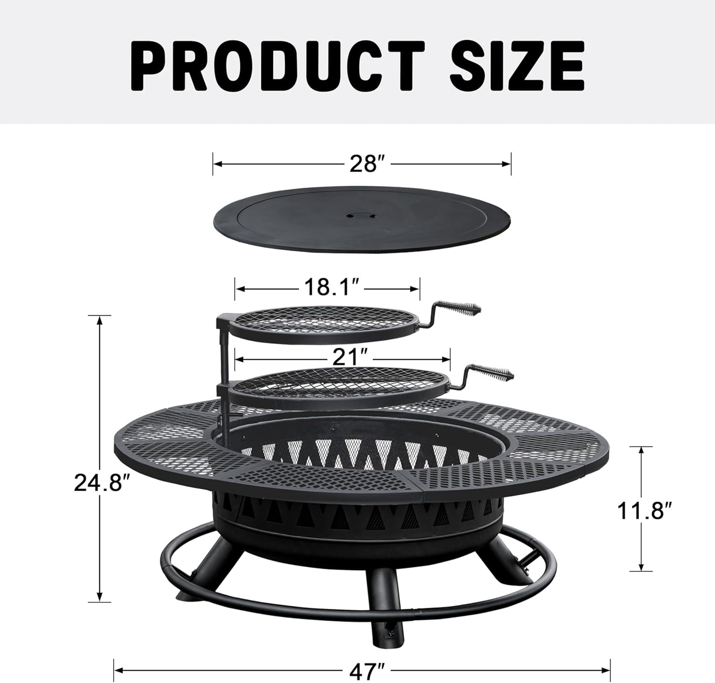 47 Inch Fire Pit with 2 Grills, Outdoor Extra Large Firepits for Outside, Wood Burning Fireplace for Camping,Picnic,Bonfire, 3-in-1 Round Metal Table with Lid for Backyard,Patio,Party