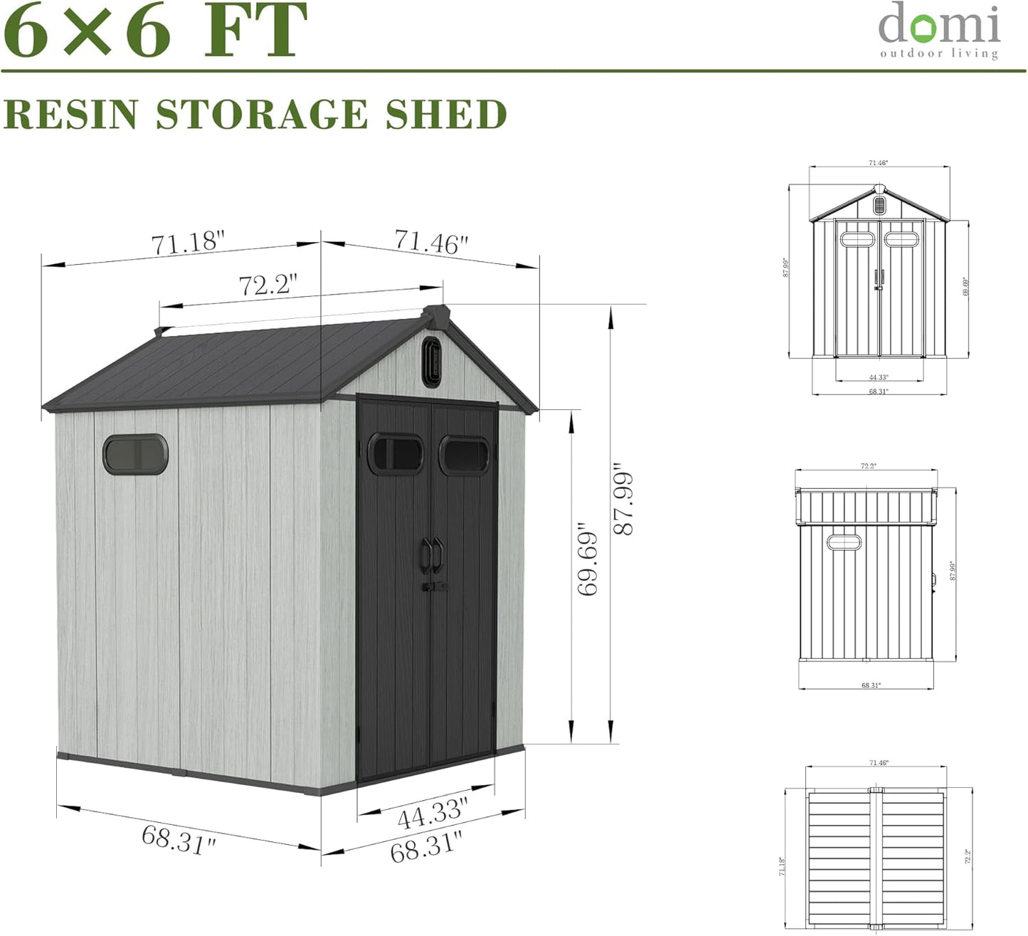 Domi 6x6FT Outdoor Resin Storage Shed with Transparent Windows & Louvered Vents, Plastic Tool Shed with Double Lockable Doors & Gable Roof, Outside Garden Shed for Backyard, Patio, Lawn, Grey