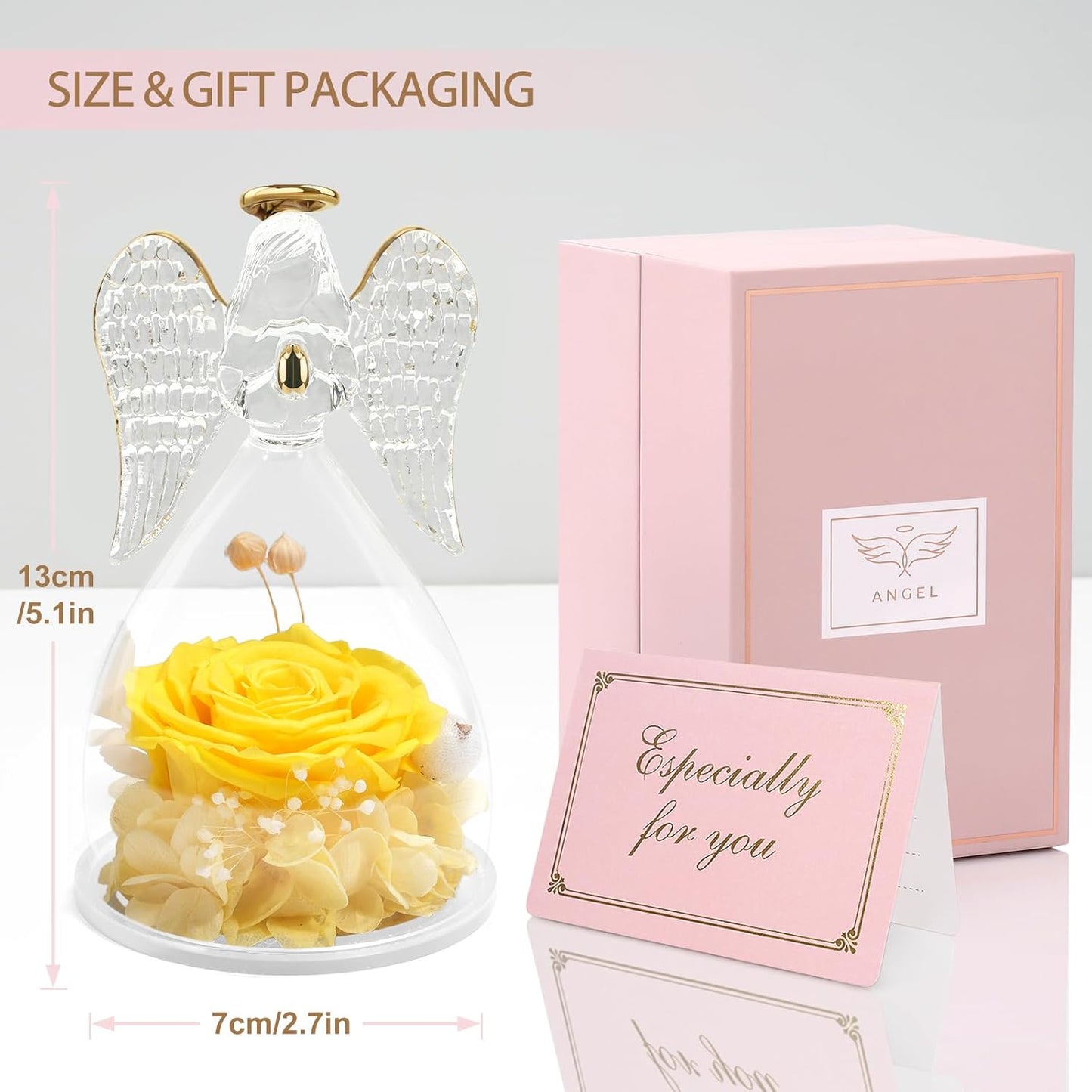 Yamonic Mom Birthday Gifts for Mom,Angel Figurines with Real Rose Gifts for Her Mom Grandma,Preserved Flowers Rose Angel Figurines for Mothers Day Christmas Anniversary Birthday Gifts for Wife(Yellow)