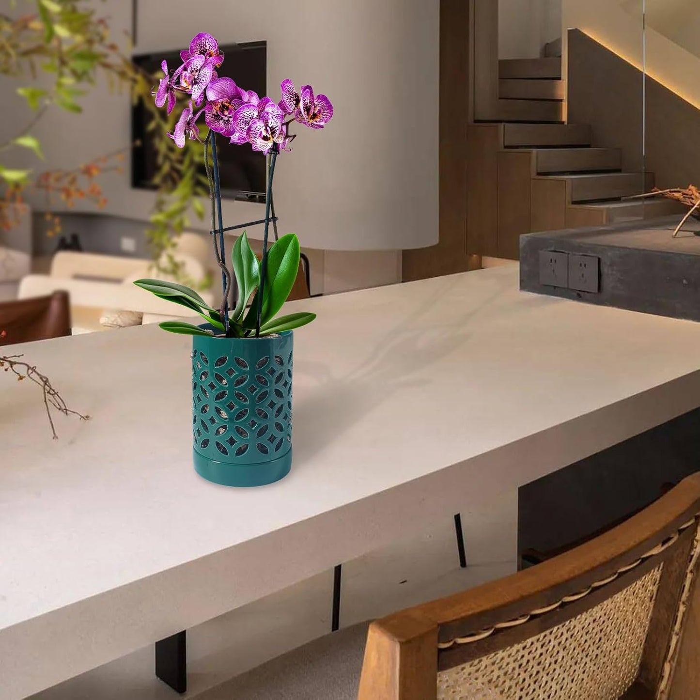 Orchid Pot 4 Inch, Orchid Pots with Holes & Saucers for Repotting, Breathable Slotted Orchid Pots Flower Plant Nursery Pot Green