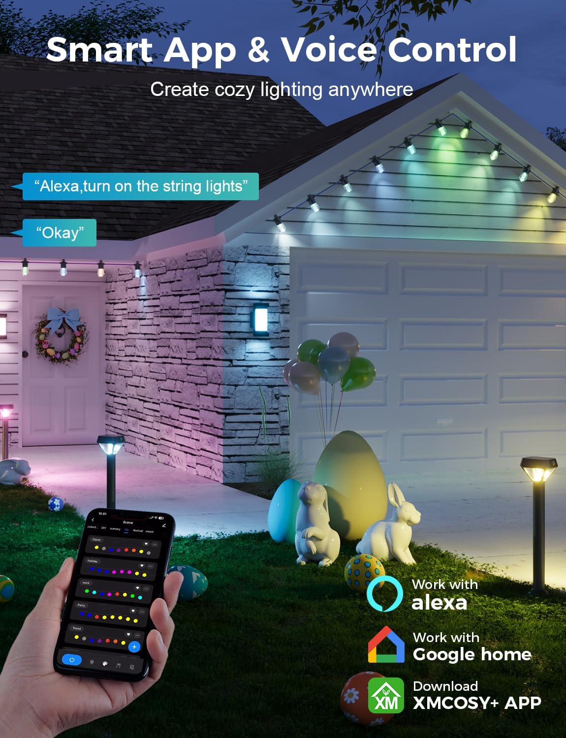 XMCOSY+ 48FT Smart Outdoor String Lights - RGBCWIC Dimmable Acrylic Bulbs, Color Changing LED Patio Lights APP WiFi Control, Compatible with Alexa, IP65 Waterproof Outside Lights for Yard Porch