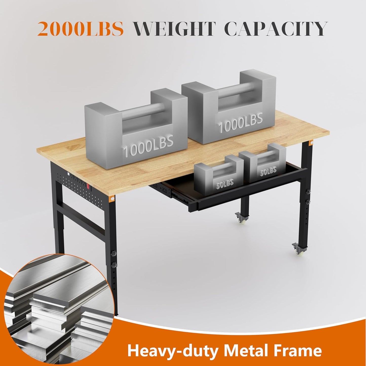 60" Adjustable Workbench on Wheels, 2000 LBS Heavy Duty Work Table with Power Outlets & Pegboard, Rubber Wood Workstation for Garage, Workshop, Office, Home, Commercial