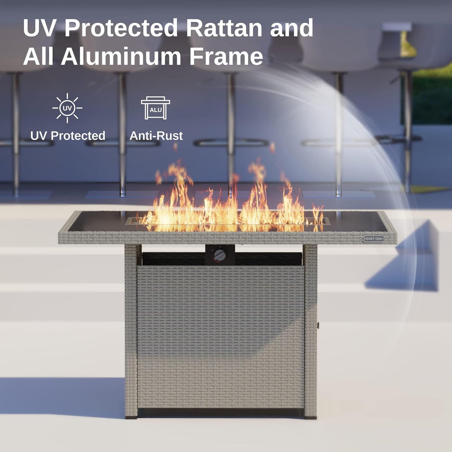 EAST OAK 44'' Propane Fire Pit Table, 60,000 BTU Gas Fire Table w/Aluminum Frame, H Type Burner and Tempered Glass Tabletop, CSA Listed Outdoor Patio Firepit, Fire Glass and Lid, Grey