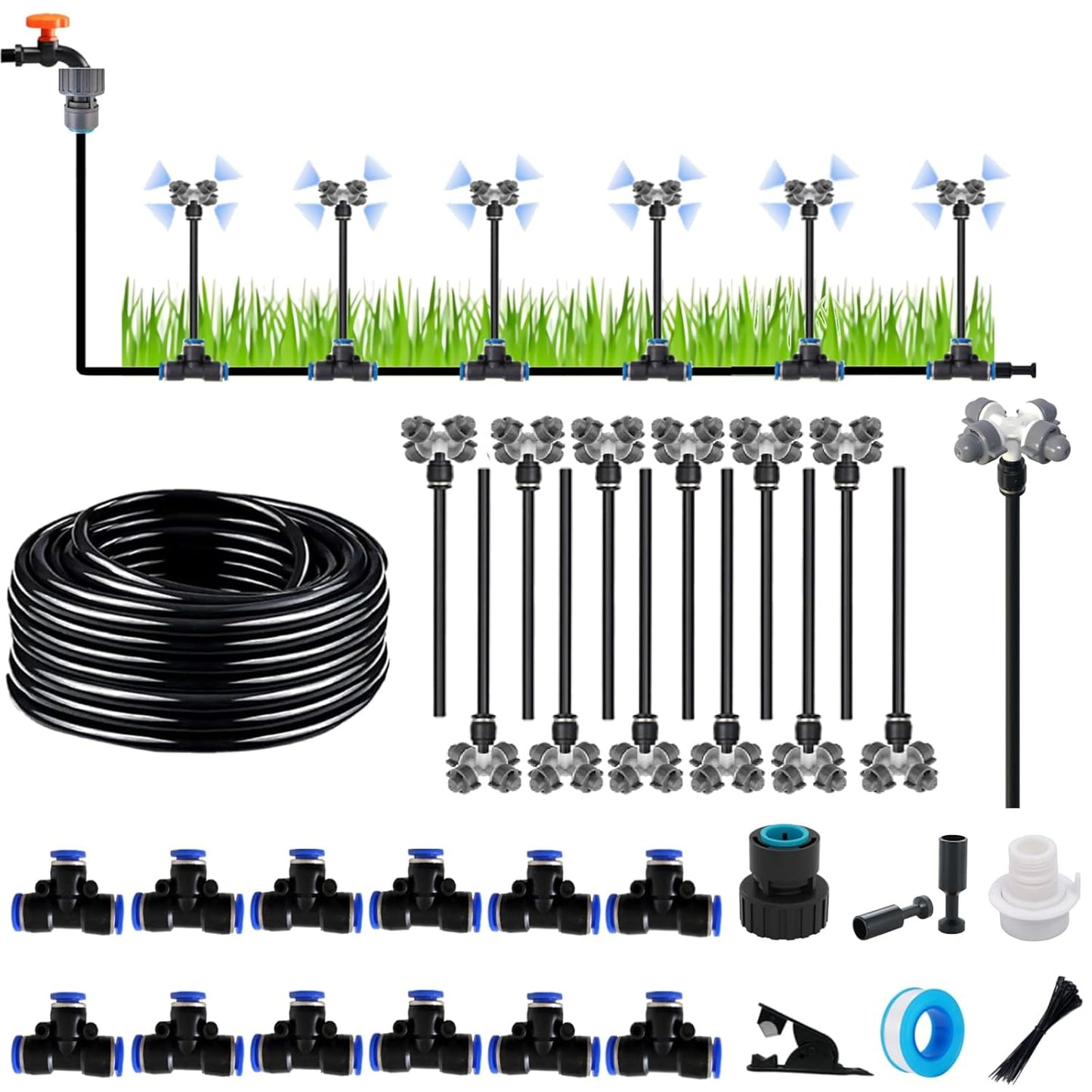 New drip Irrigation kit, Automatic Garden Watering System, Quick Connector and 360-degree Bending Dropper atomizing Copper Nozzle, Garden Plant Lawn Courtyard Watering System. (Cross Atomization)