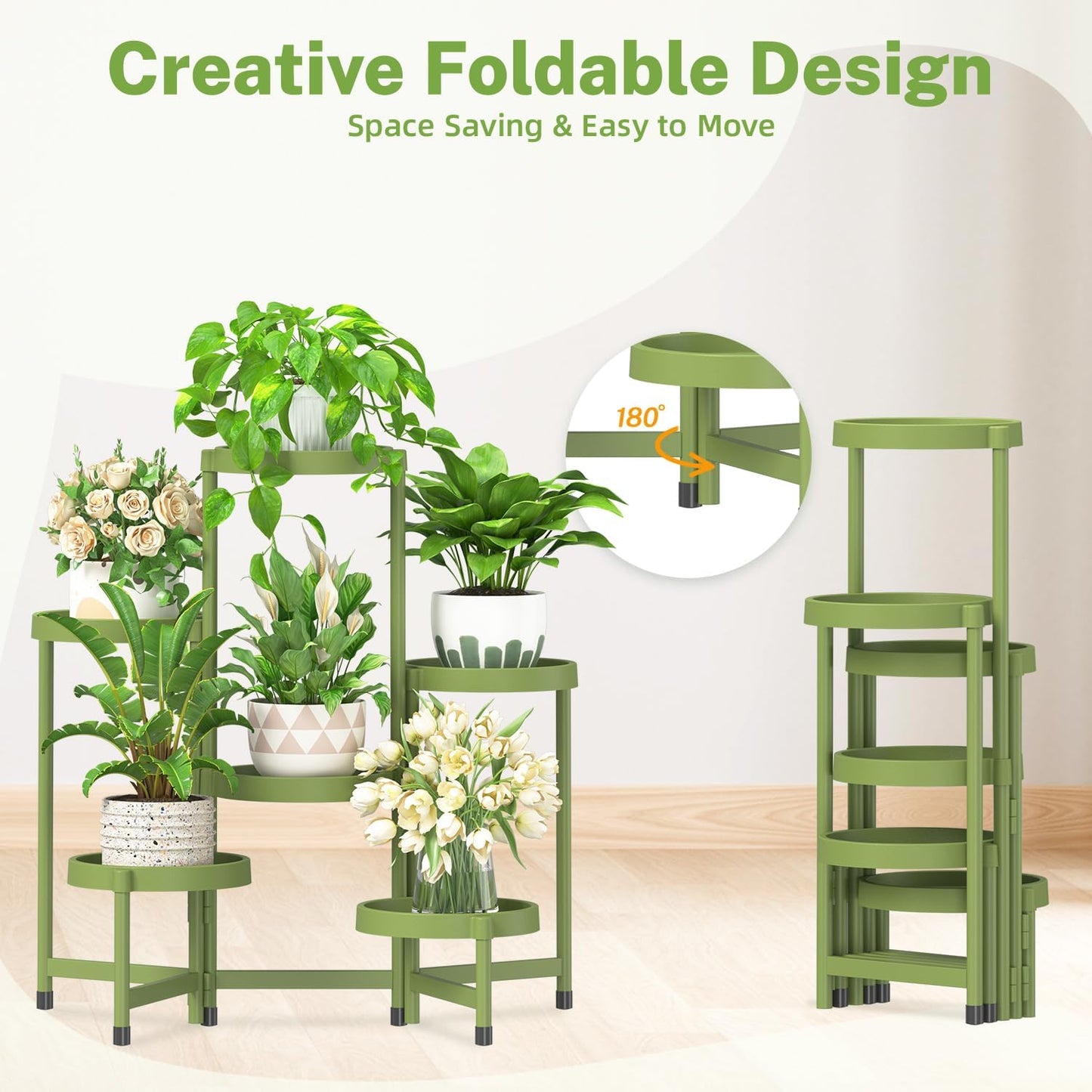 iDavosic.ly 6 Tier Folding Plant Stand Indoor Outdoor with Plastic Tray, Tiered Corner Flower Holder Shelf, Metal Orchid Display Rack for Patio Porch Living Room Garden Balcony, Green