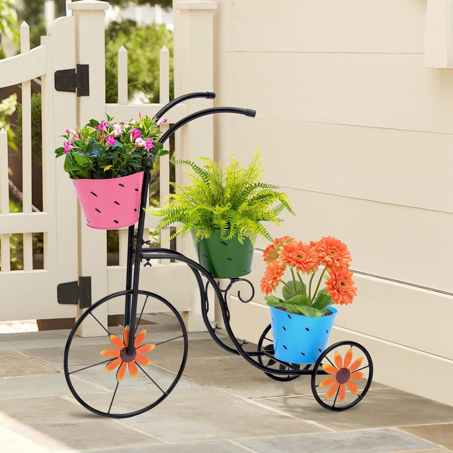 LEWIS&WAYNE Metal Tricycle Planter, 3 Tier Floral Flower Plant Stand Holder Hand Painted Outdoor Garden Patio Decor