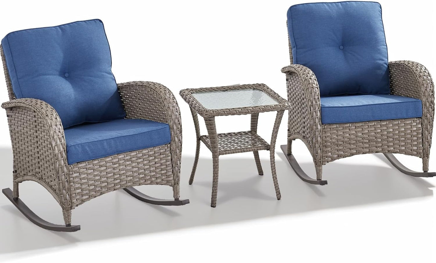 HUMMUH Outdoor Bistro Set-High Back Outdoor Rocking Chair with Side Table Patio Table and Chairs Set for Deck Lawn Porch Balcony Poolside-Grey/Blue