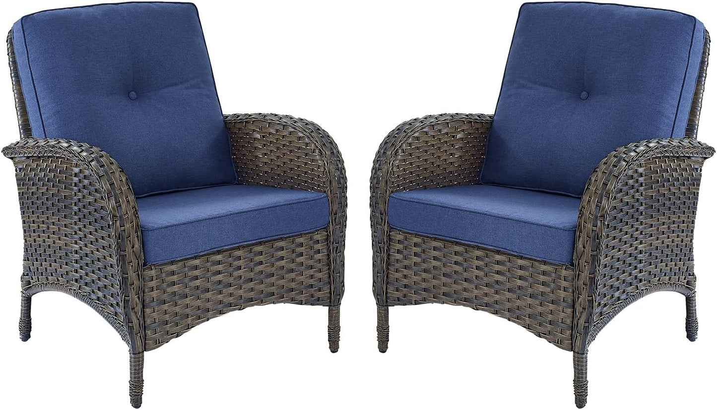 HUMMUH Outdoor Wicker Chairs Patio Dining Chairs Set of 2 with High Back and Deep Seat for Garden,Porch,Backyard,Balcony (Brown/Blue)