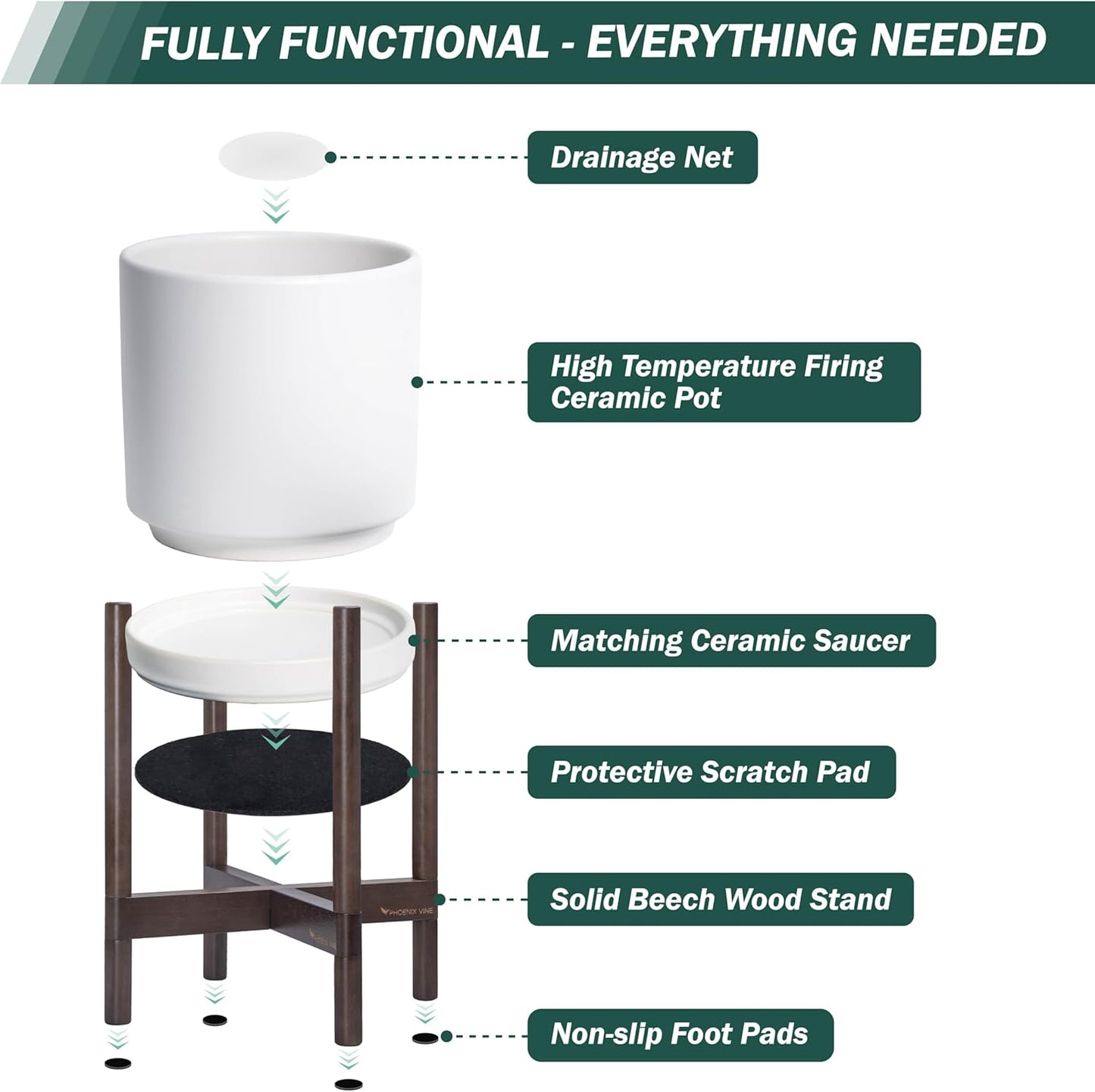 D'vine Dev Ceramic Planter with Walnut Color Stand - 10 Inch Modern Round Flower Pot with Wood Planter Holder, White, 55-B-X-1