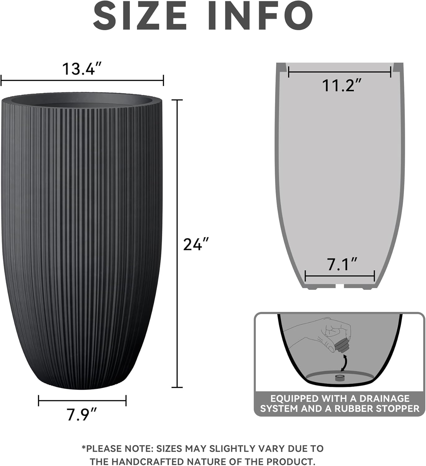 Kante 24 Inch Tall Round Concrete Planter, Large Indoor Outdoor Plant Pots with Drainage Hole and Rubber Plug, Modern Decorative Garden Pots for Home Patio Porch, Textured Black