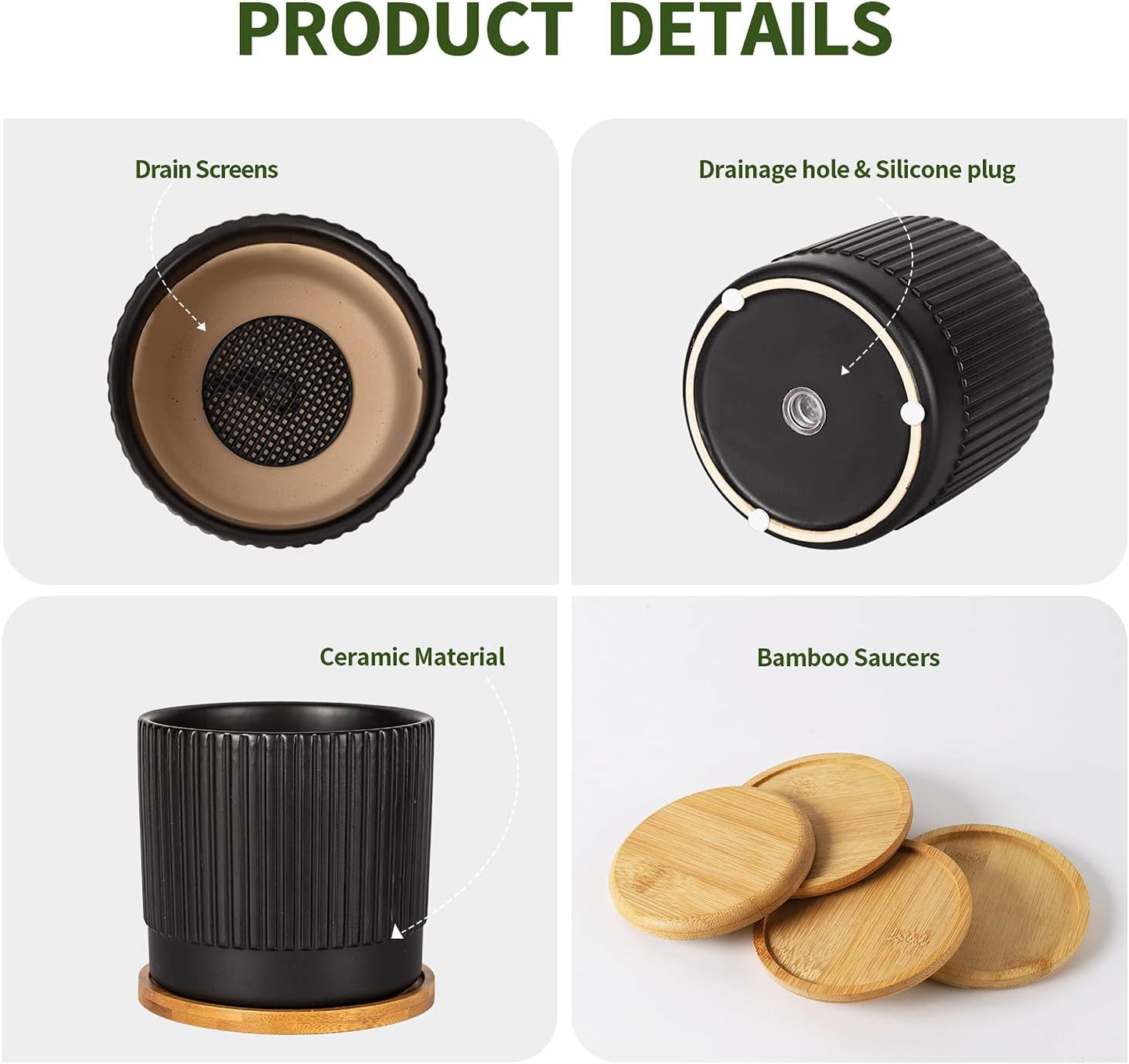 AOMRYOM 4.25 Inch Small Garden Ceramic Plant Pots with Drainage Holes and Tray, Modern Flower Planter Pots for Indoor Plants, Succulent, Cactus and Herbs, Black Stripe, Set of 4 (Plant Not Included)