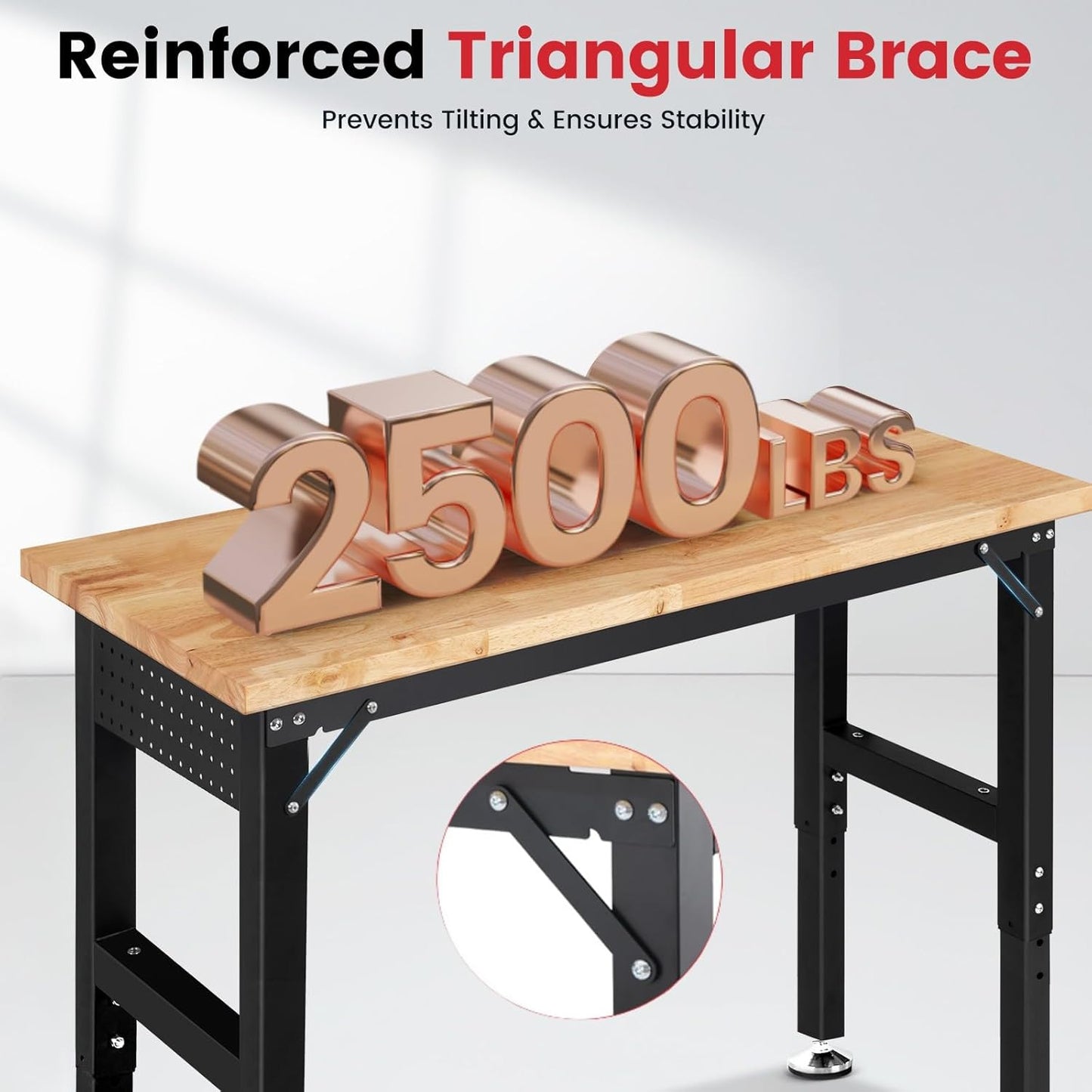 Workbench with Wheels 60 Inch Rubberwood Tabletop Garage Workbench Adjustable Height Work Bench with Pegboard, Power Outlets for Woodworking, Home, Office, Workshop