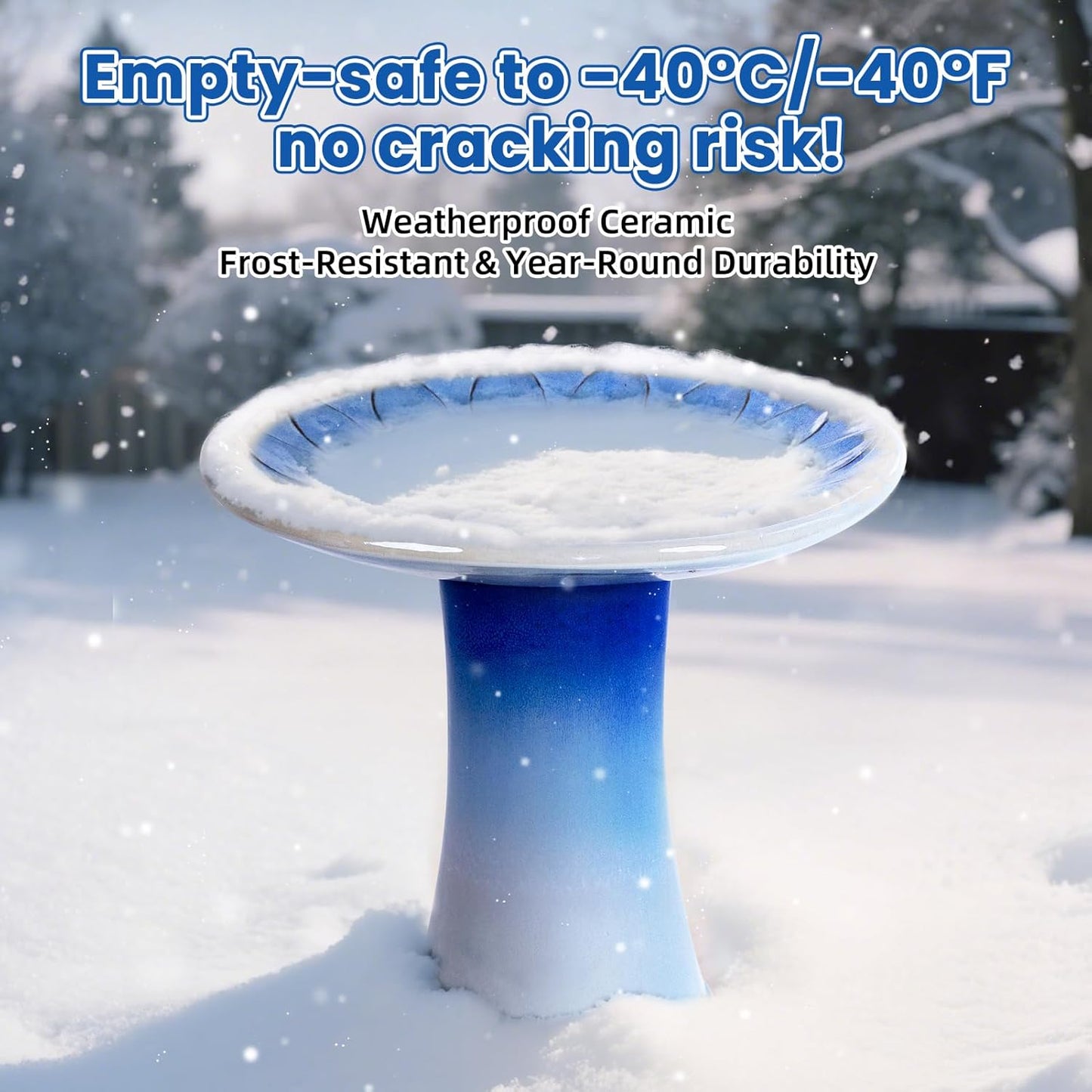 Ceramic Bird Bath for Outdoors – 18" H Birdbath Tool-Free Assembly, Hand-Glazed Earthenware with Non-Slip Bowl, Weather-Proof Sturdy Pedestal Design, Garden Decor (Blue)