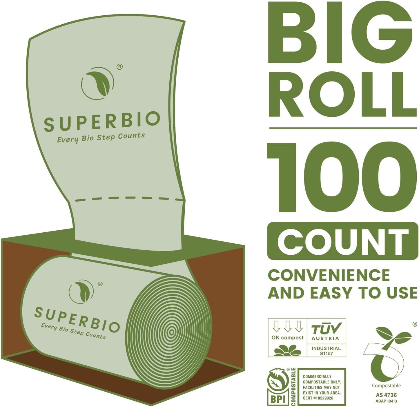 SUPERBIO 13 Gallon Compostable Kitchen Waste Bags, 50 Count, 1 Pack, Flat top Food Scrap bags, Certified by BPI and OK compost INDUSTRIAL, 49.2L, 0.87 Mil