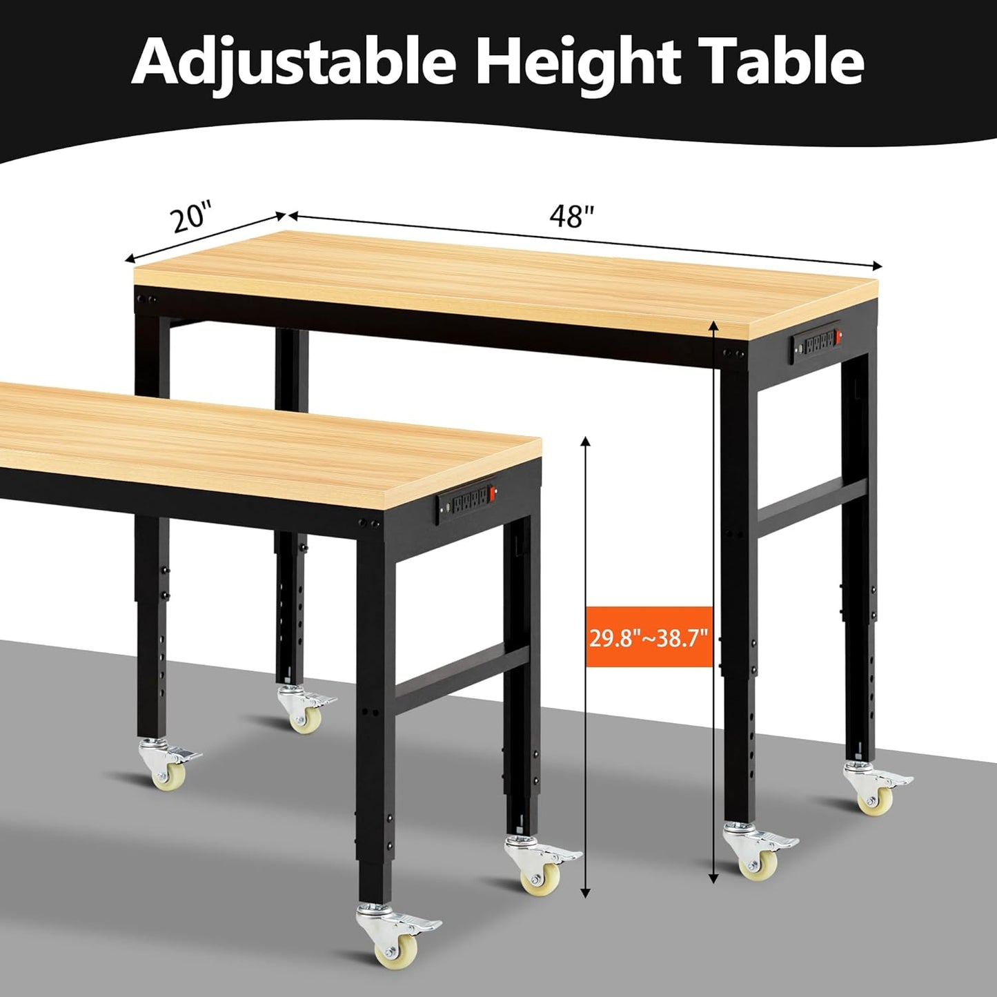 48” Adjustable Workbench，Heavy Duty Wood Work Bench 2000 Lbs Load Capacity,Work Table with Power Outlet and Wheels for Garage, Workshop, Office, Home